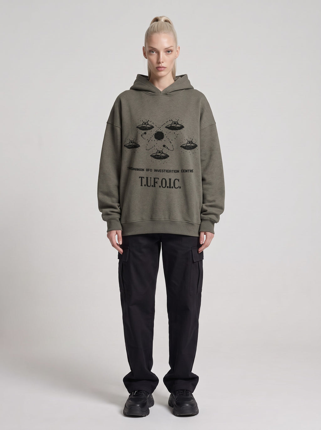 T.U.F.O.I.C. — Boxy Hoodie in Dark Gray, front, worn by female model
