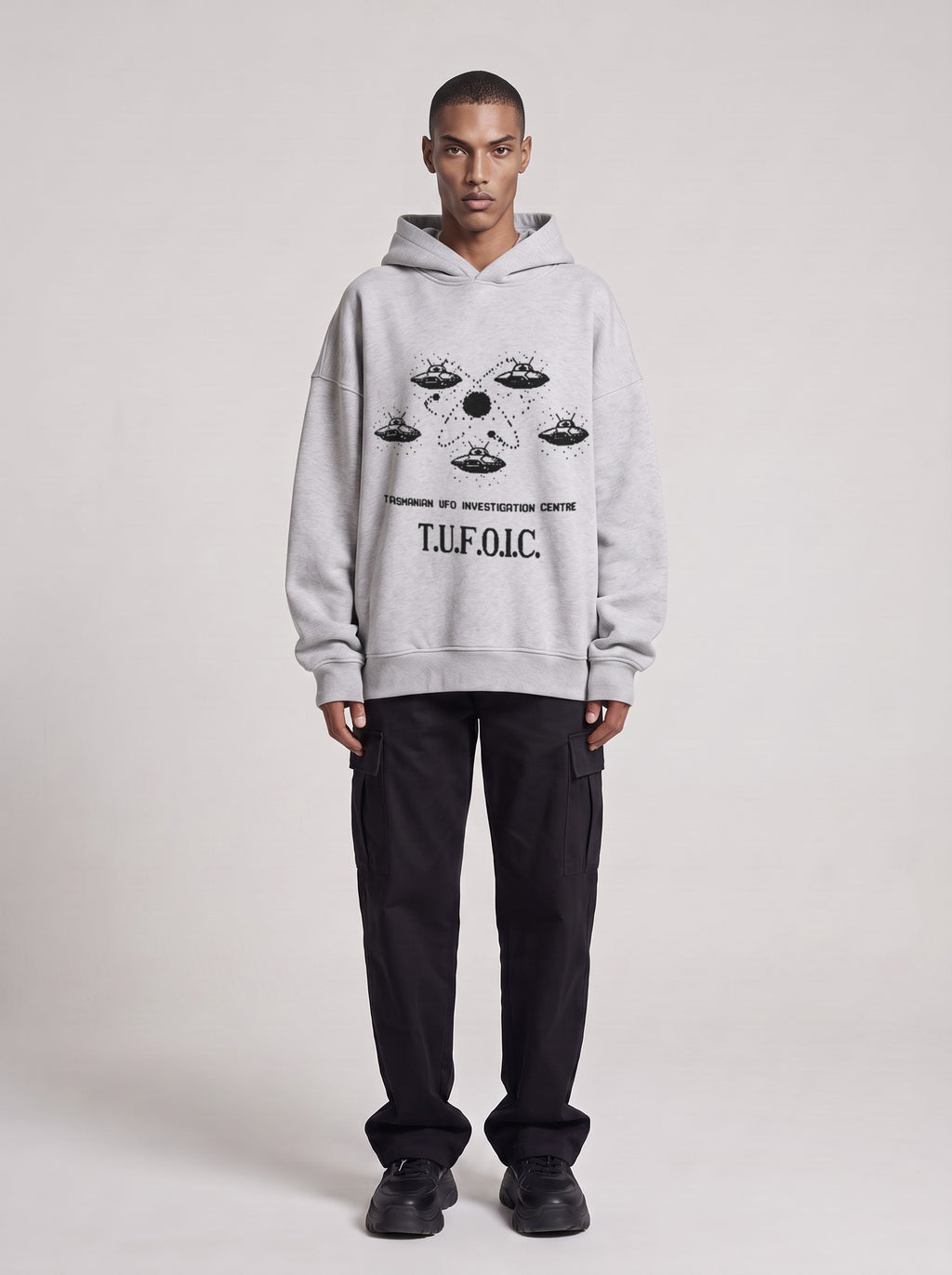 T.U.F.O.I.C. — Boxy Hoodie in Flower Gray, front, worn by male model