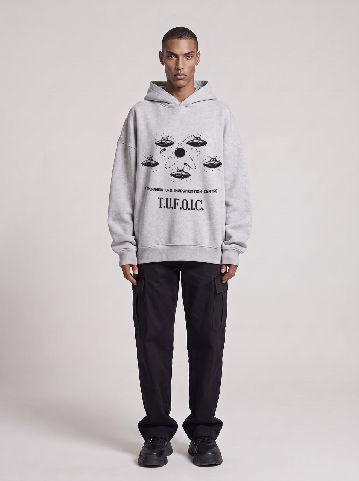 T.U.F.O.I.C. — Boxy Hoodie in Flower Gray, front, worn by male model