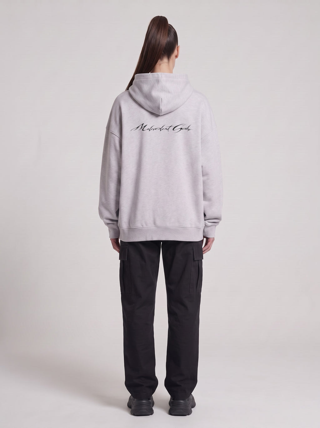 T.U.F.O.I.C. — Boxy Hoodie in Flower Gray, back, worn by female model