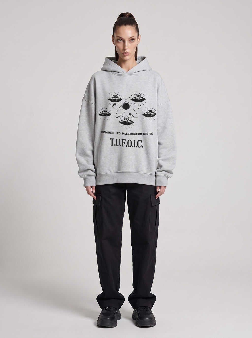 T.U.F.O.I.C. — Boxy Hoodie in Flower Gray, front, worn by female model