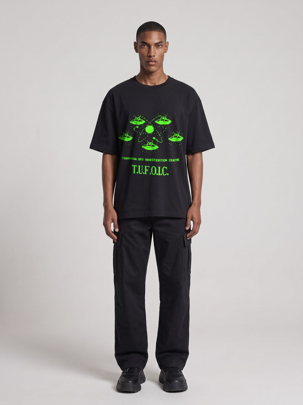 T.U.F.O.I.C. Neon — Drop Shoulder T-Shirt in Black Beauty, front, worn by male model