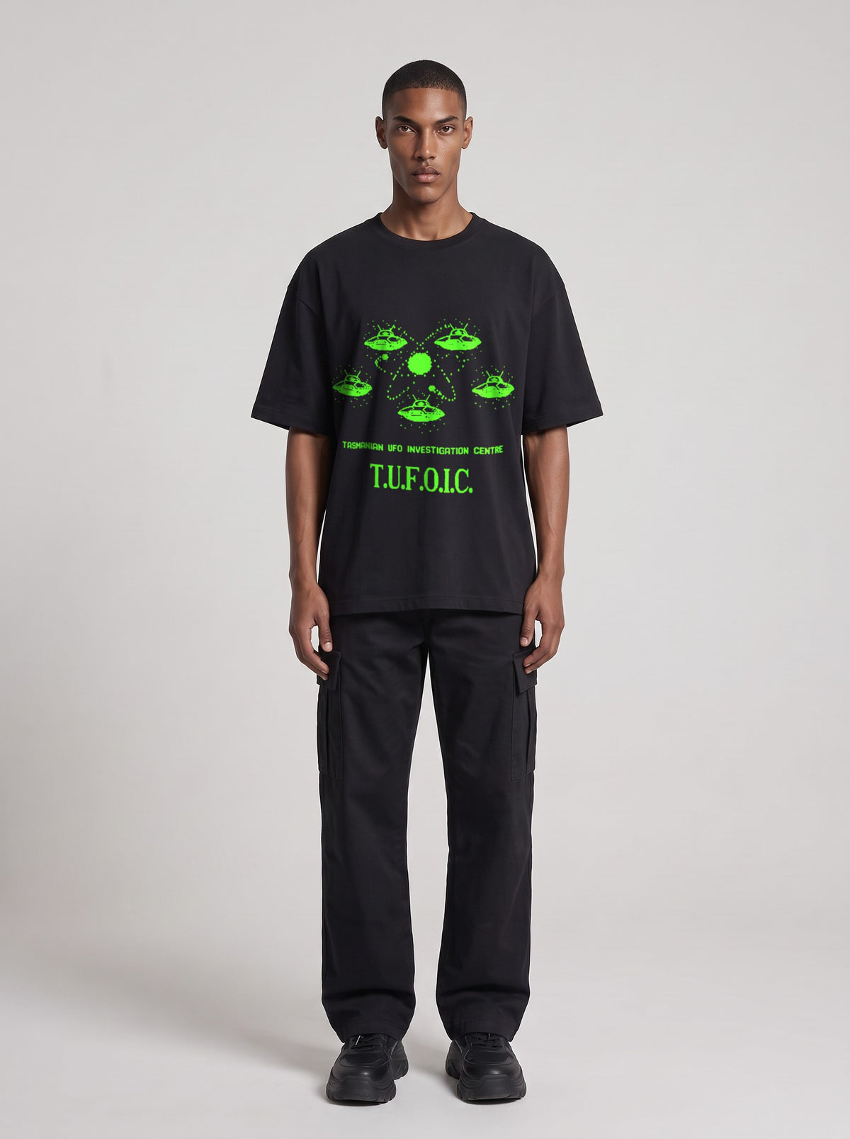 T.U.F.O.I.C. Neon — Drop Shoulder T-Shirt in Black Beauty, front, worn by male model