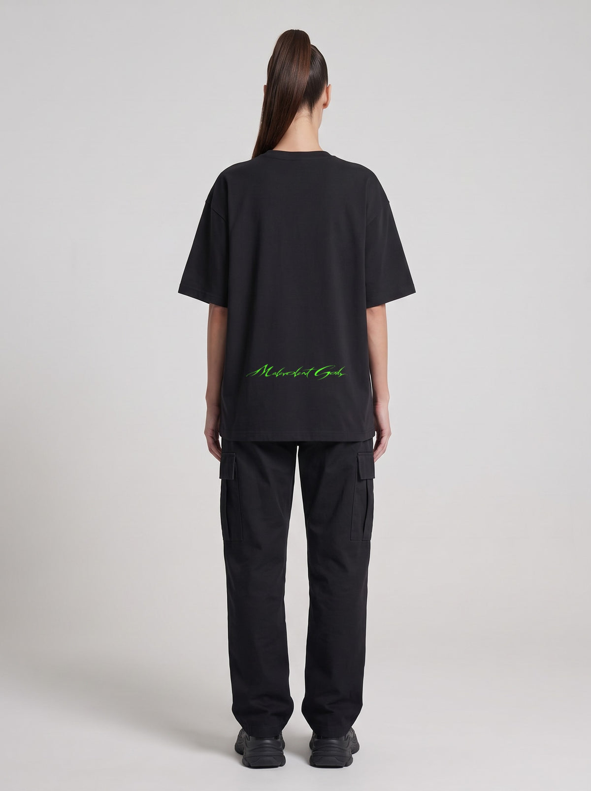 T.U.F.O.I.C. Neon — Drop Shoulder T-Shirt in Black Beauty, back, worn by female model