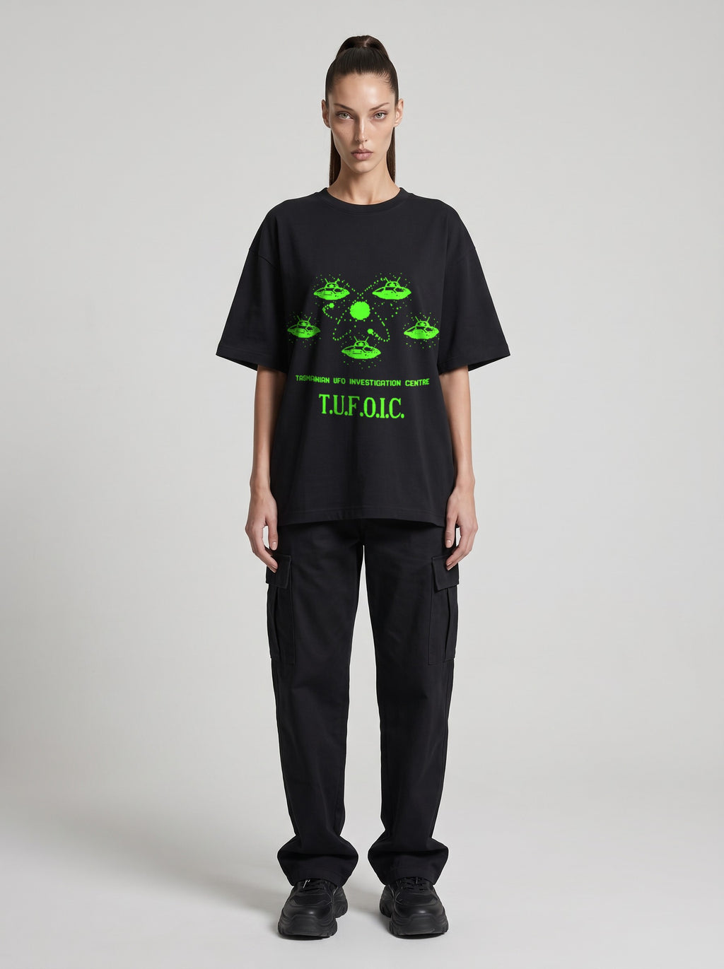 T.U.F.O.I.C. Neon — Drop Shoulder T-Shirt in Black Beauty, front, worn by female model