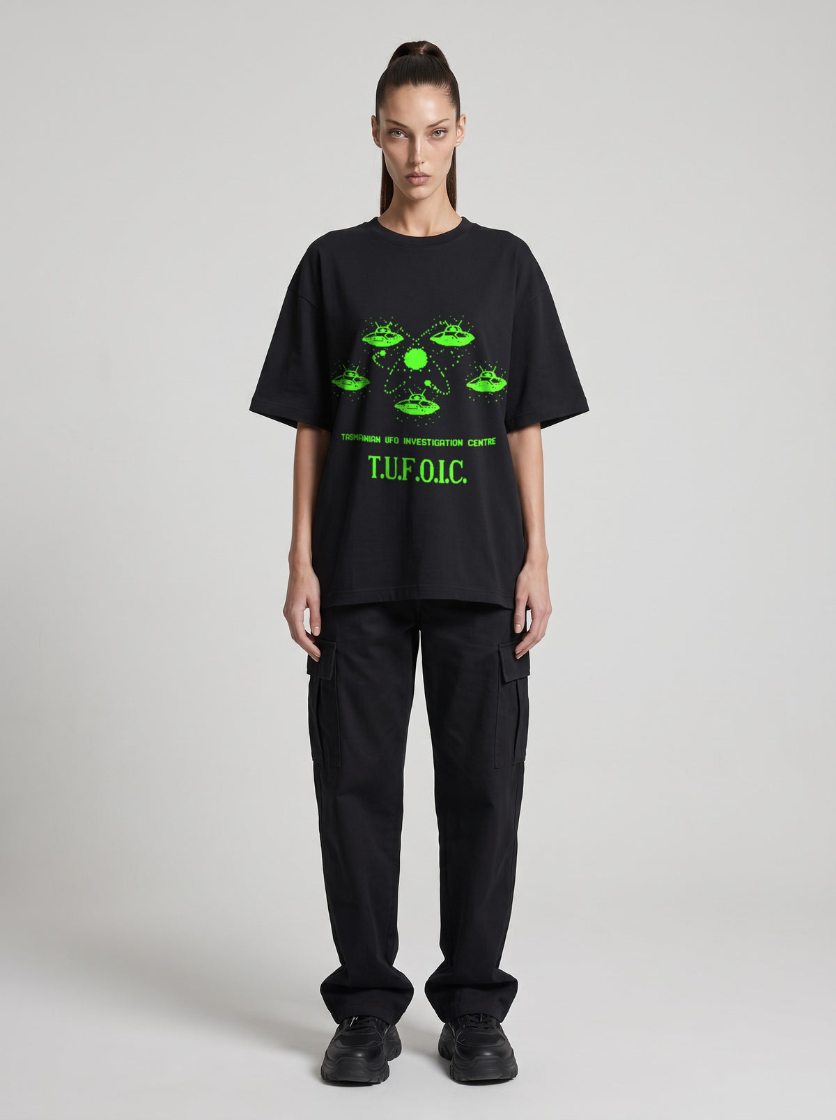 T.U.F.O.I.C. Neon — Drop Shoulder T-Shirt in Black Beauty, front, worn by female model