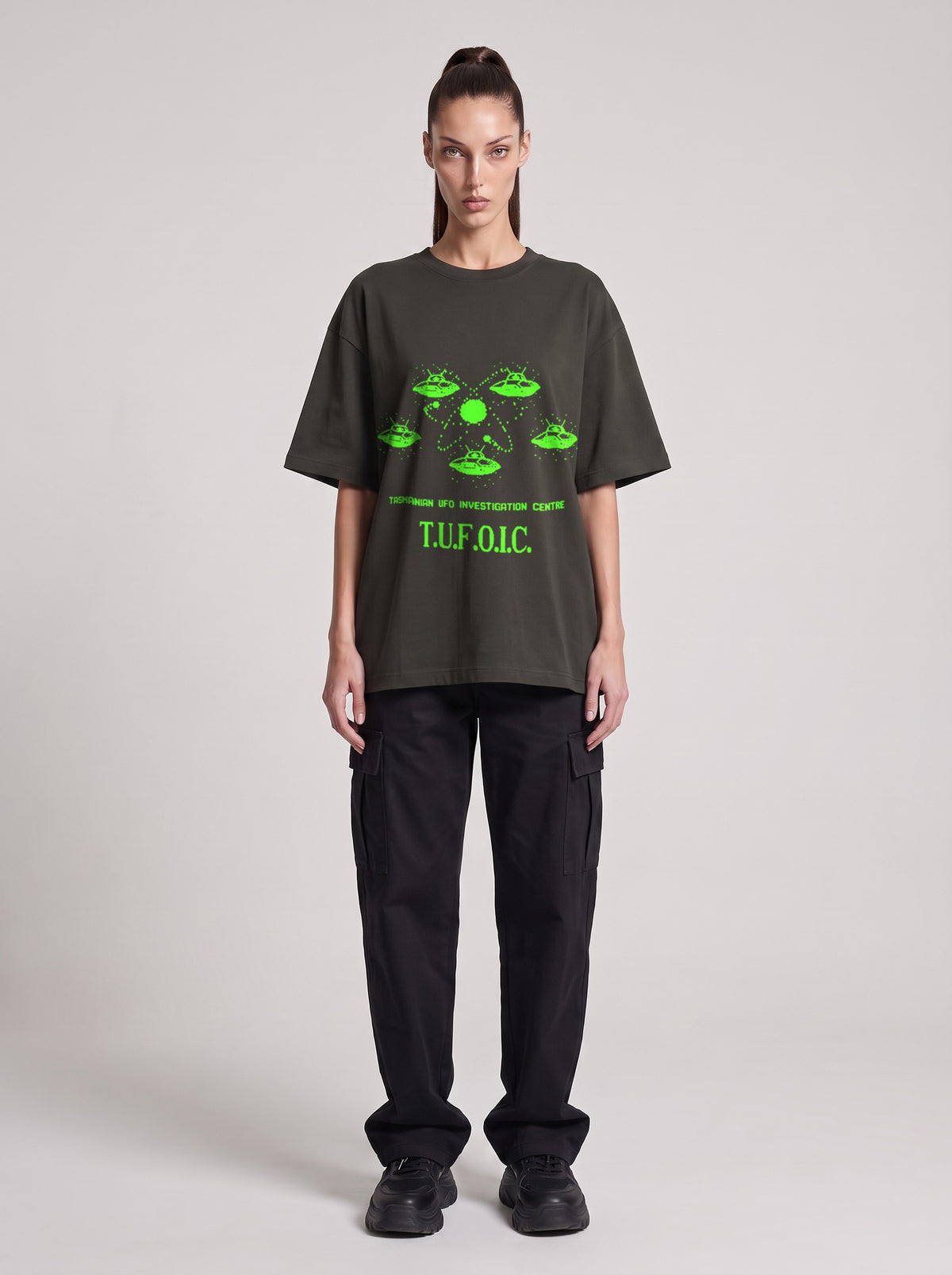 T.U.F.O.I.C. Neon — Drop Shoulder T-Shirt in Dark Gray, front, worn by female model