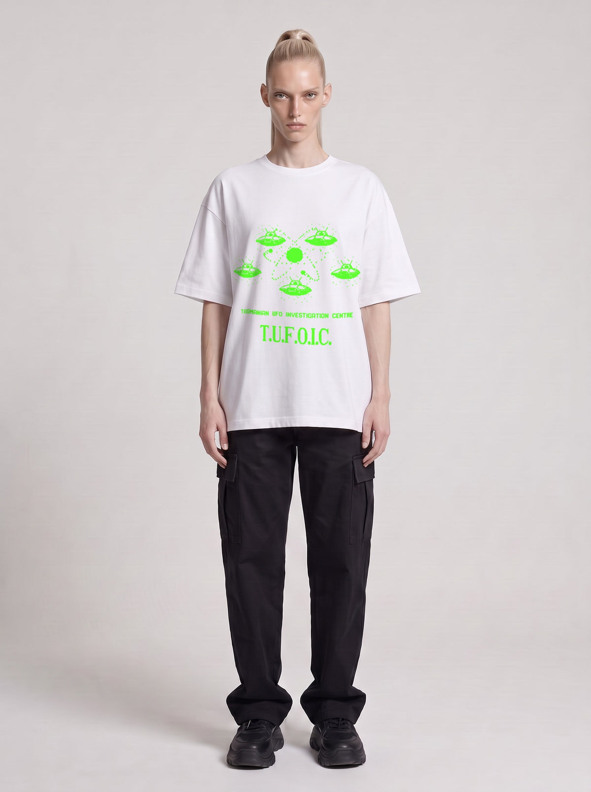 T.U.F.O.I.C. Neon — Drop Shoulder T-Shirt in Lucent White, front, worn by male model