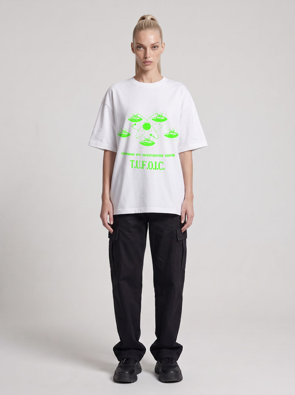 T.U.F.O.I.C. Neon — Drop Shoulder T-Shirt in Lucent White, front, worn by female model