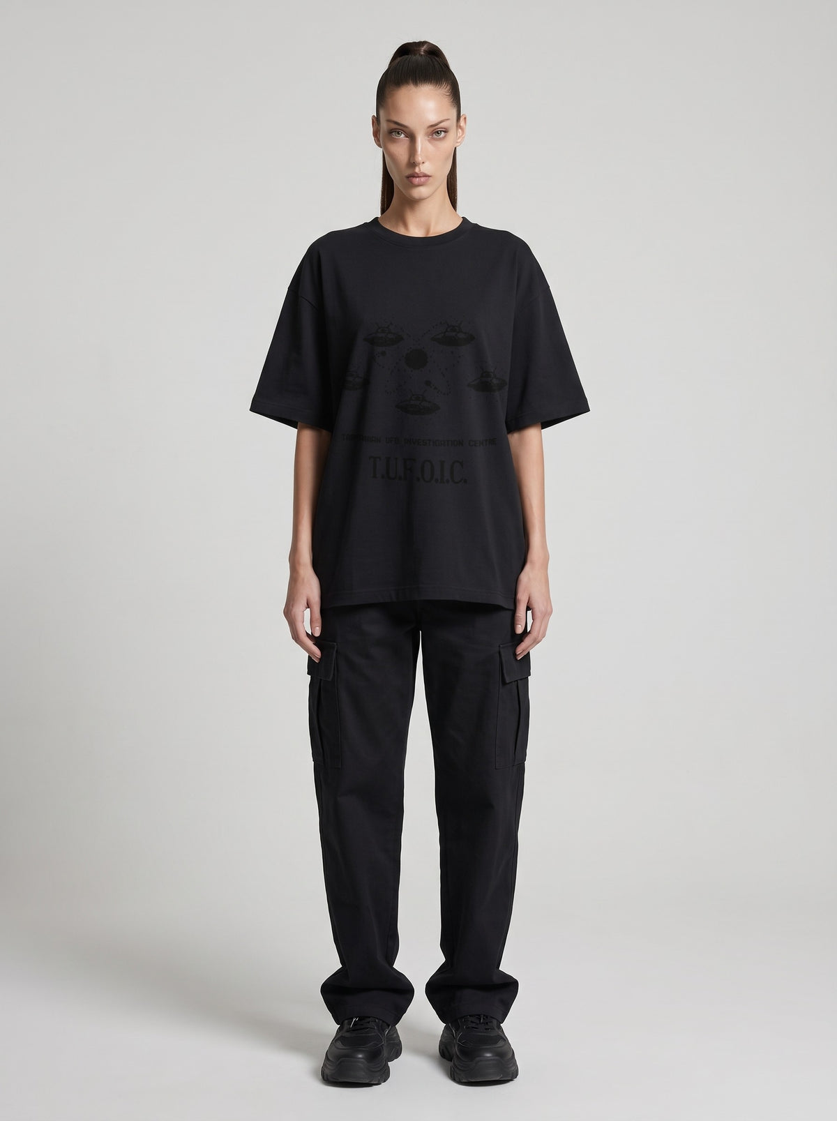 T.U.F.O.I.C. — Drop Shoulder T-Shirt in Black Beauty, front, worn by female model