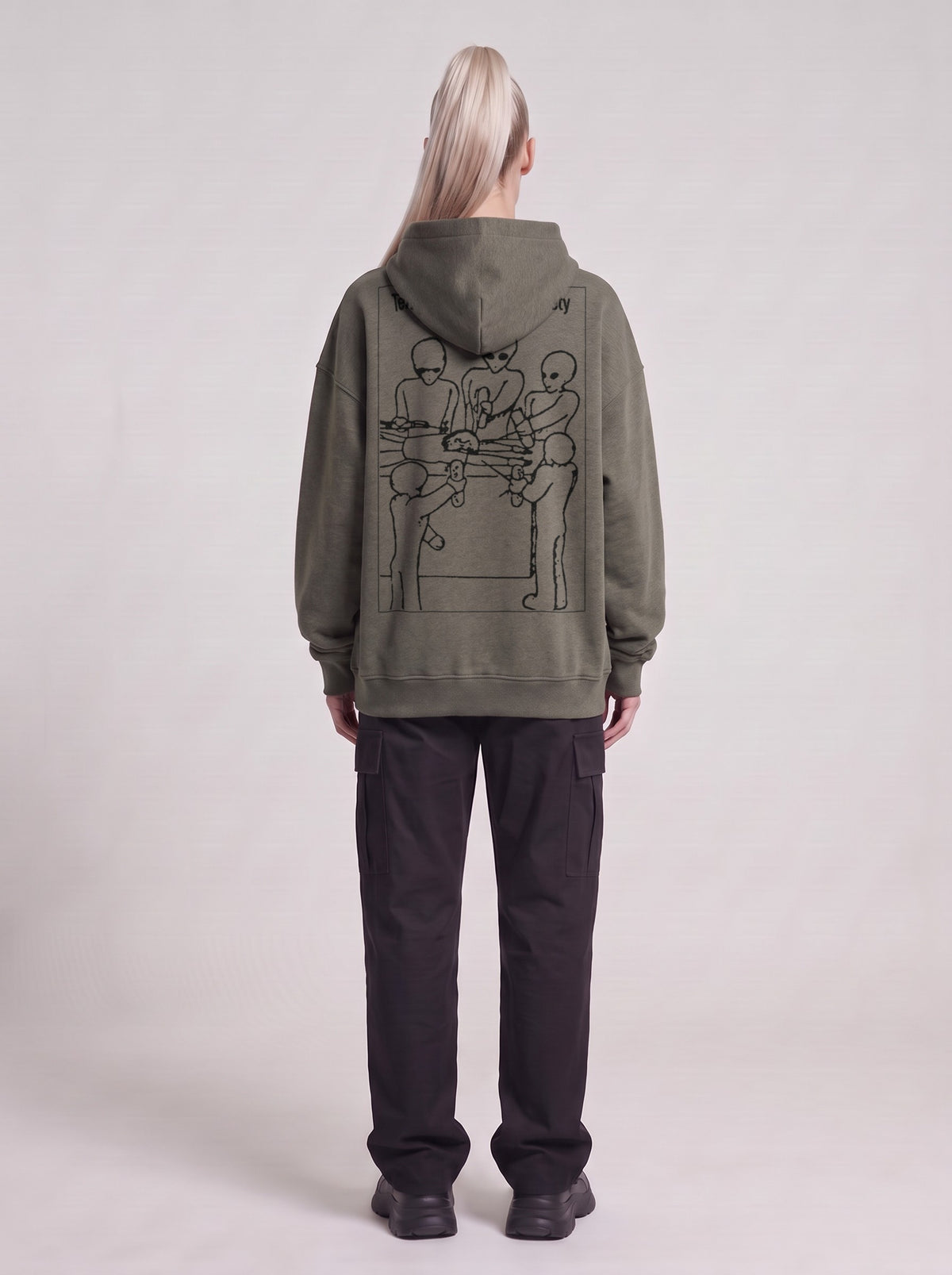 Temporary Resident Society — Boxy Hoodie in Dark Gray, back, worn by female model