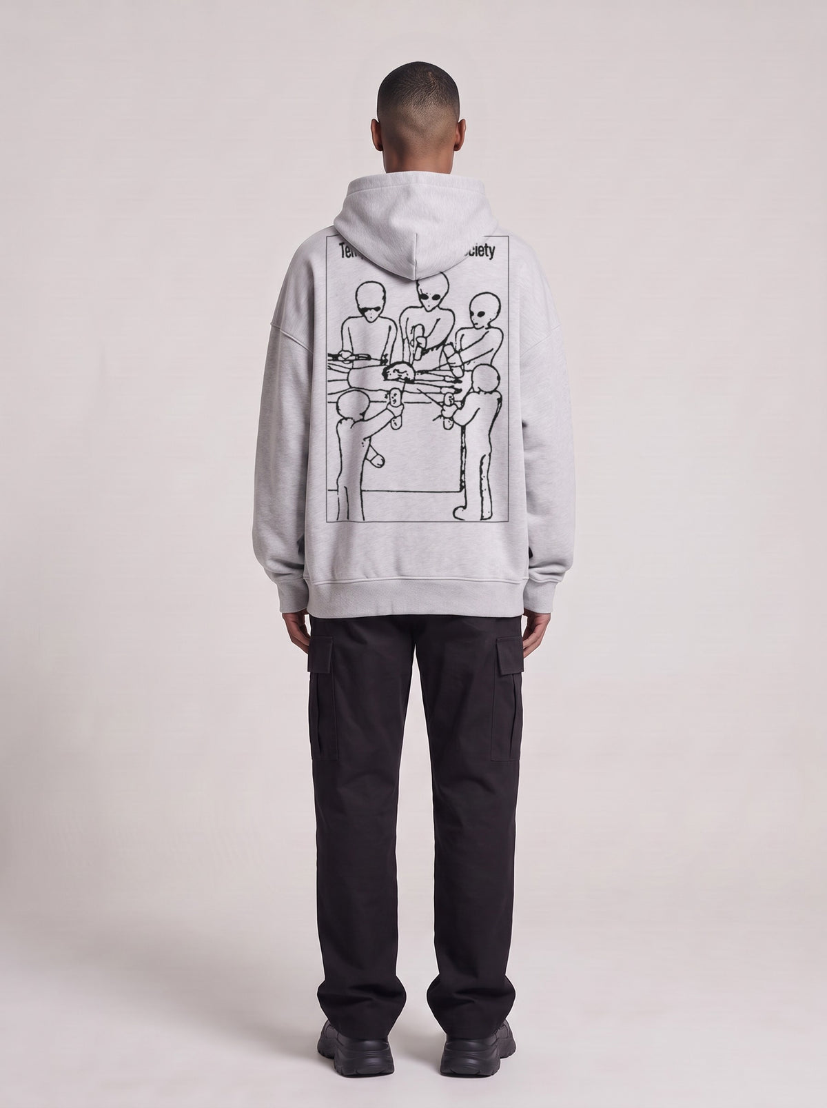 Temporary Resident Society — Boxy Hoodie in Flower Gray, back, worn by male model