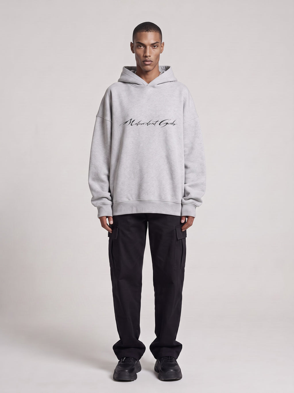 Temporary Resident Society — Boxy Hoodie in Flower Gray, front, worn by male model