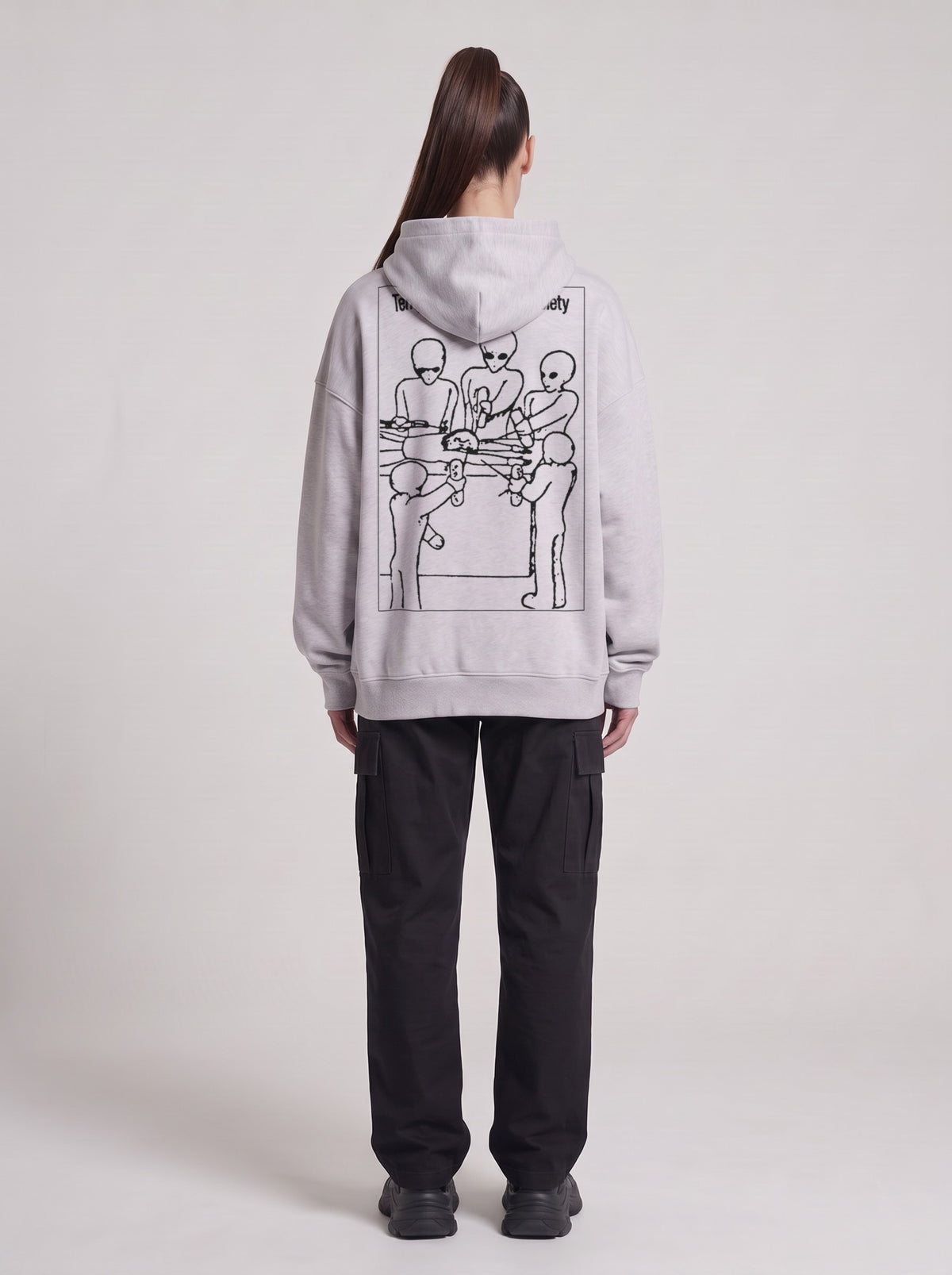 Temporary Resident Society — Boxy Hoodie in Flower Gray, back, worn by female model