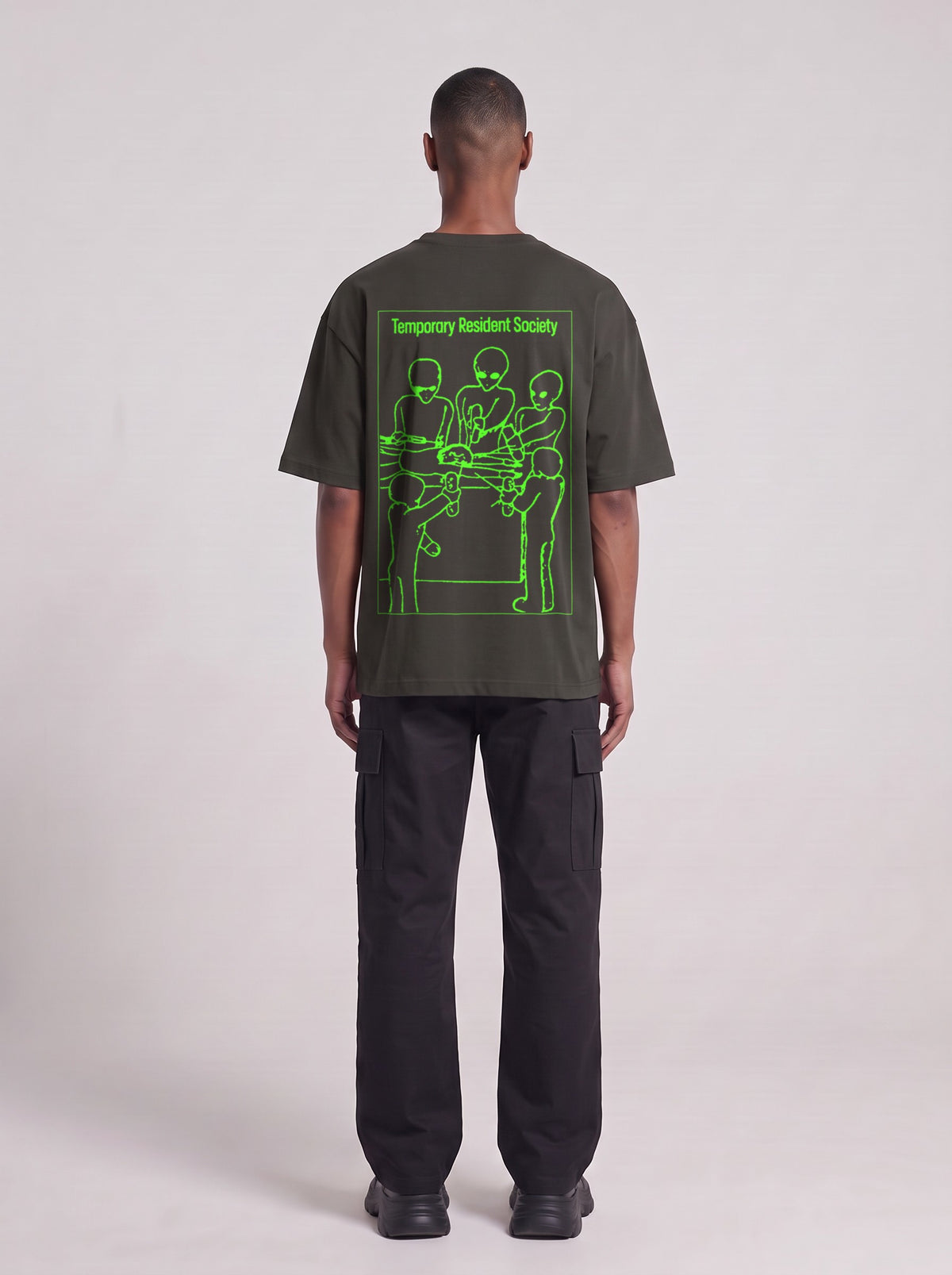 Temporary Resident Society Neon — Drop Shoulder T-Shirt in Dark Gray, back, worn by male model