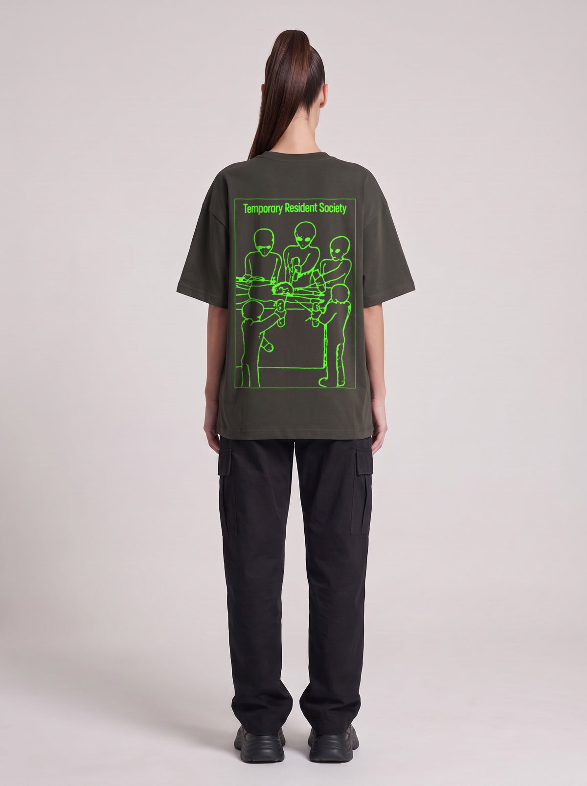 Temporary Resident Society Neon — Drop Shoulder T-Shirt in Dark Gray, back, worn by female model