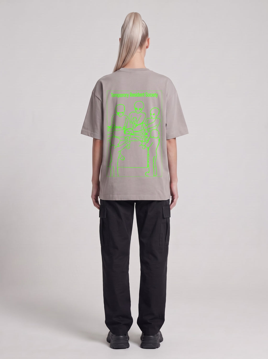 Temporary Resident Society Neon — Drop Shoulder T-Shirt in Light Gray, back, worn by male model