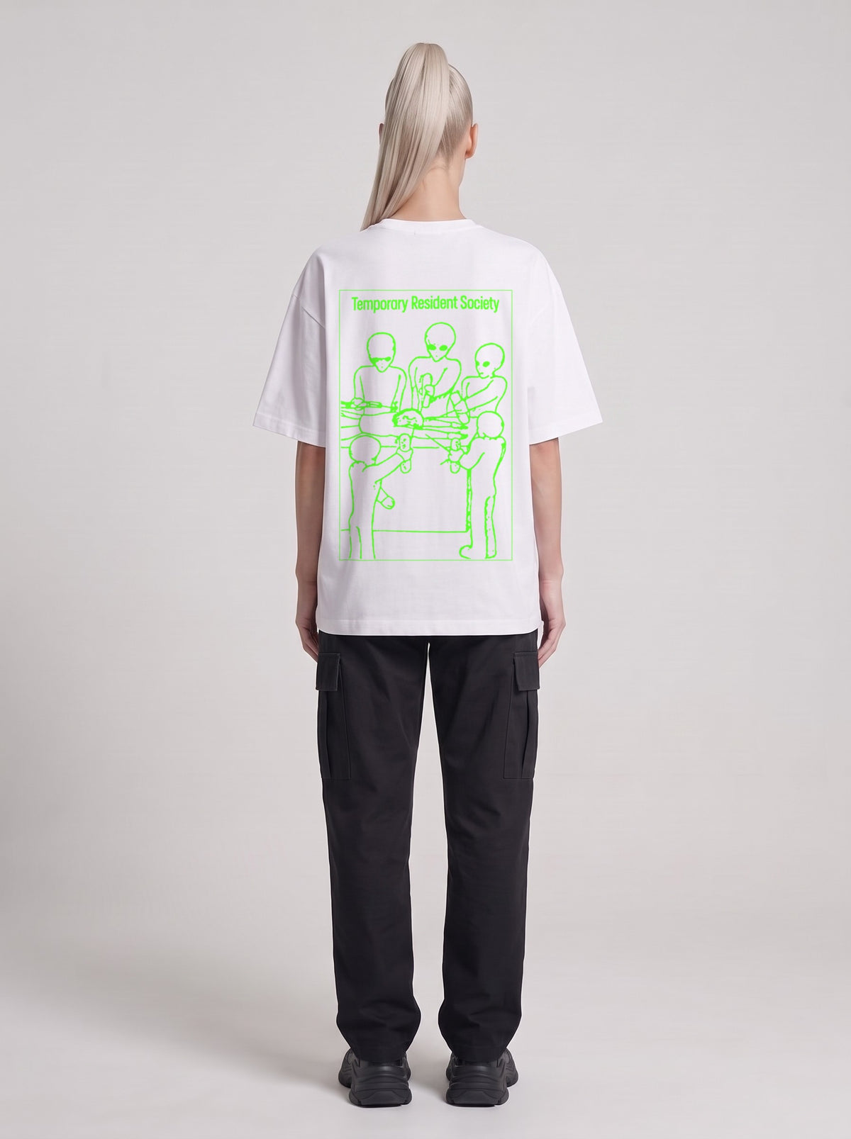 Temporary Resident Society Neon — Drop Shoulder T-Shirt in Lucent White, back, worn by male model