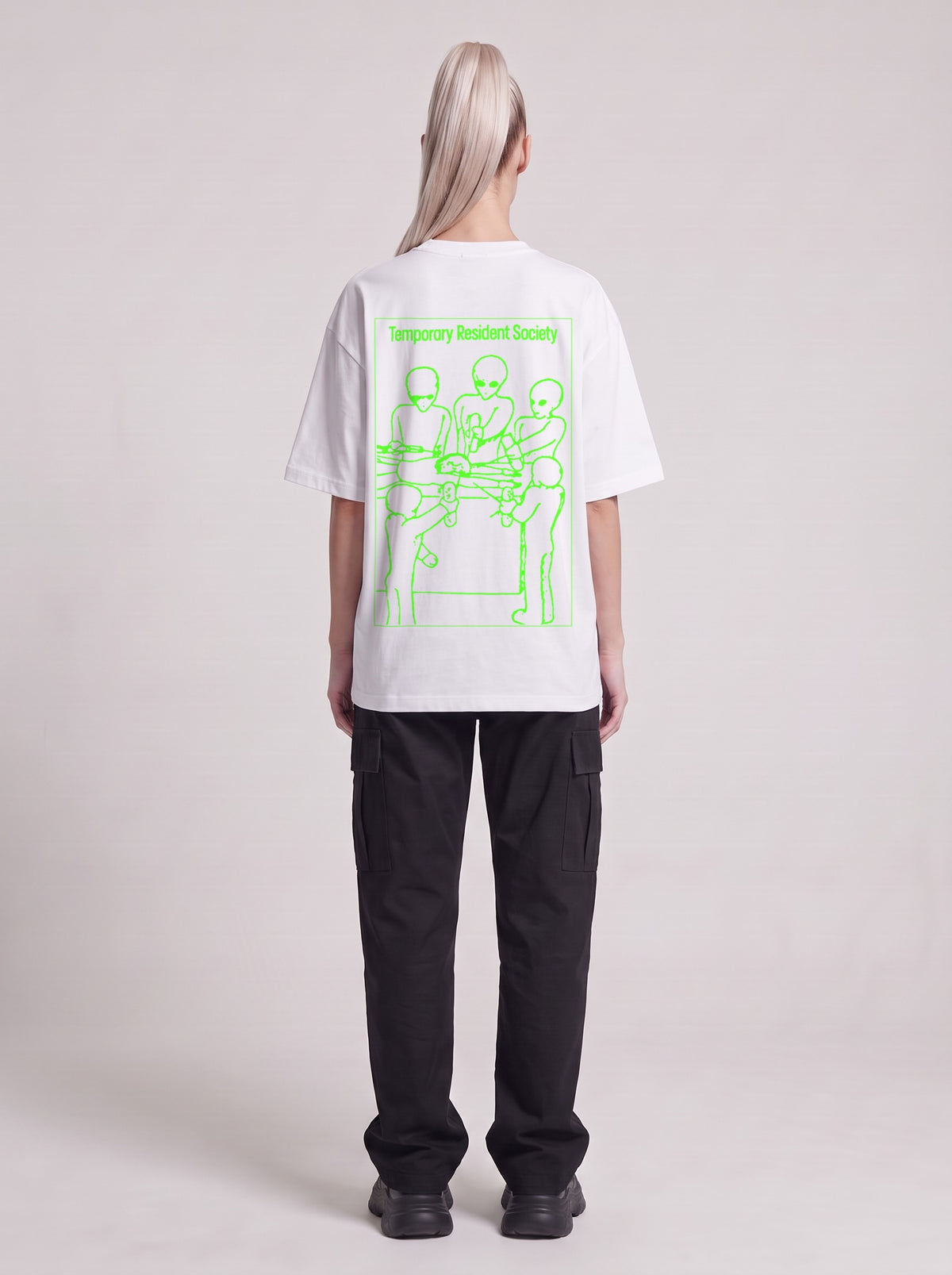 Temporary Resident Society Neon — Drop Shoulder T-Shirt in Lucent White, back, worn by female model
