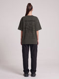 Temporary Resident Society — Drop Shoulder T-Shirt in Dark Gray, back, worn by female model