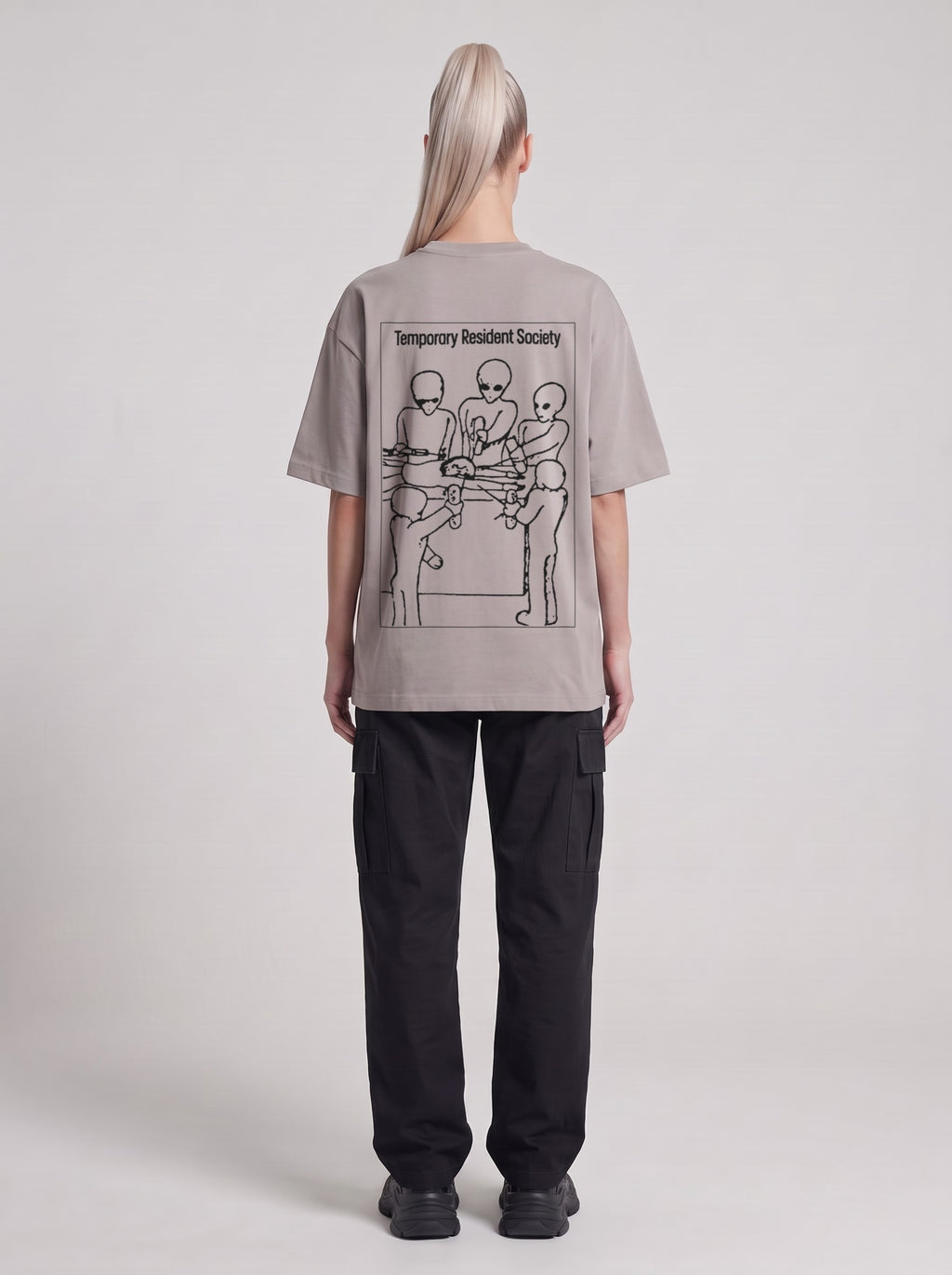 Temporary Resident Society — Drop Shoulder T-Shirt in Light Gray, back, worn by male model