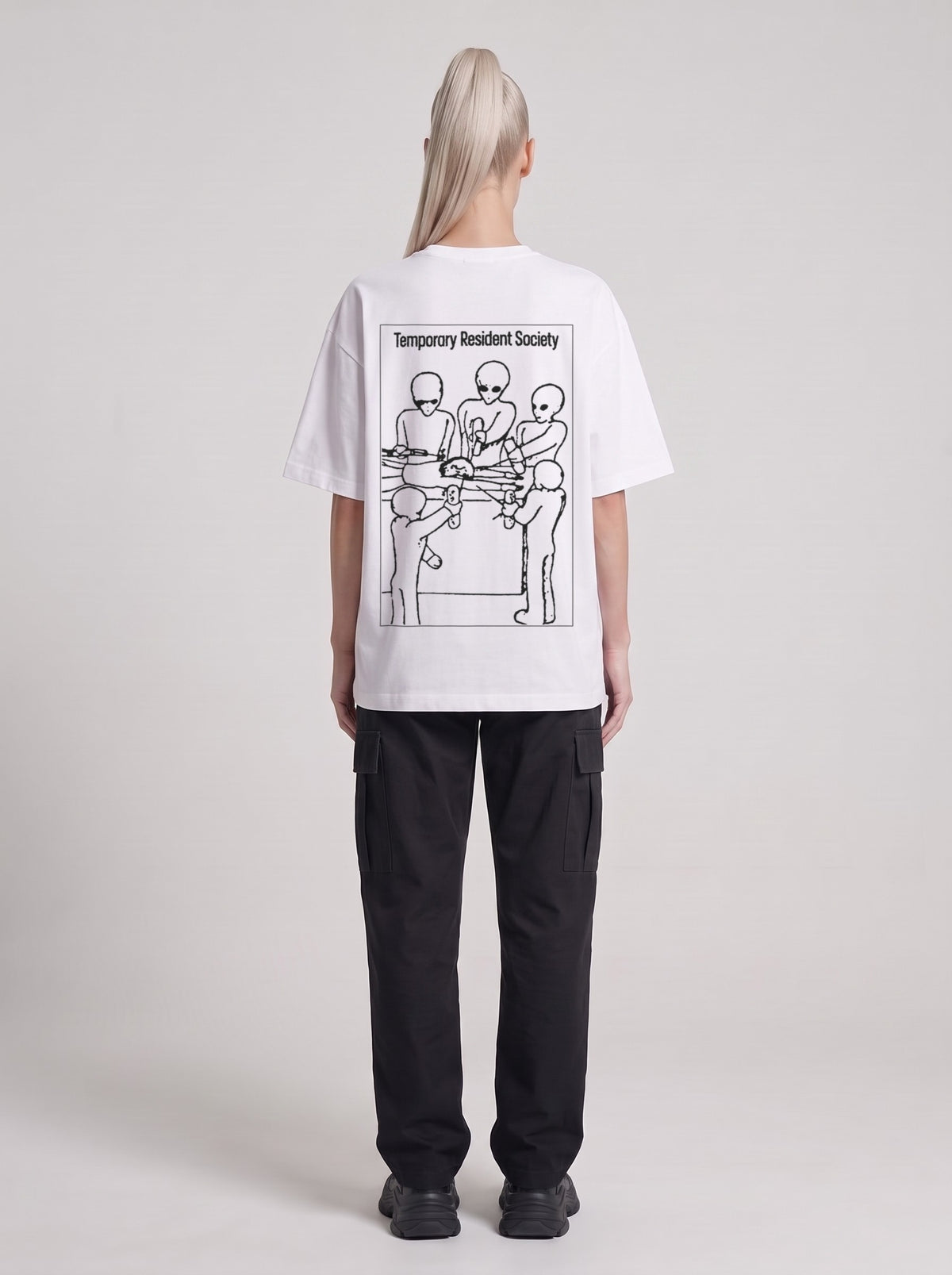 Temporary Resident Society — Drop Shoulder T-Shirt in Lucent White, back, worn by male model