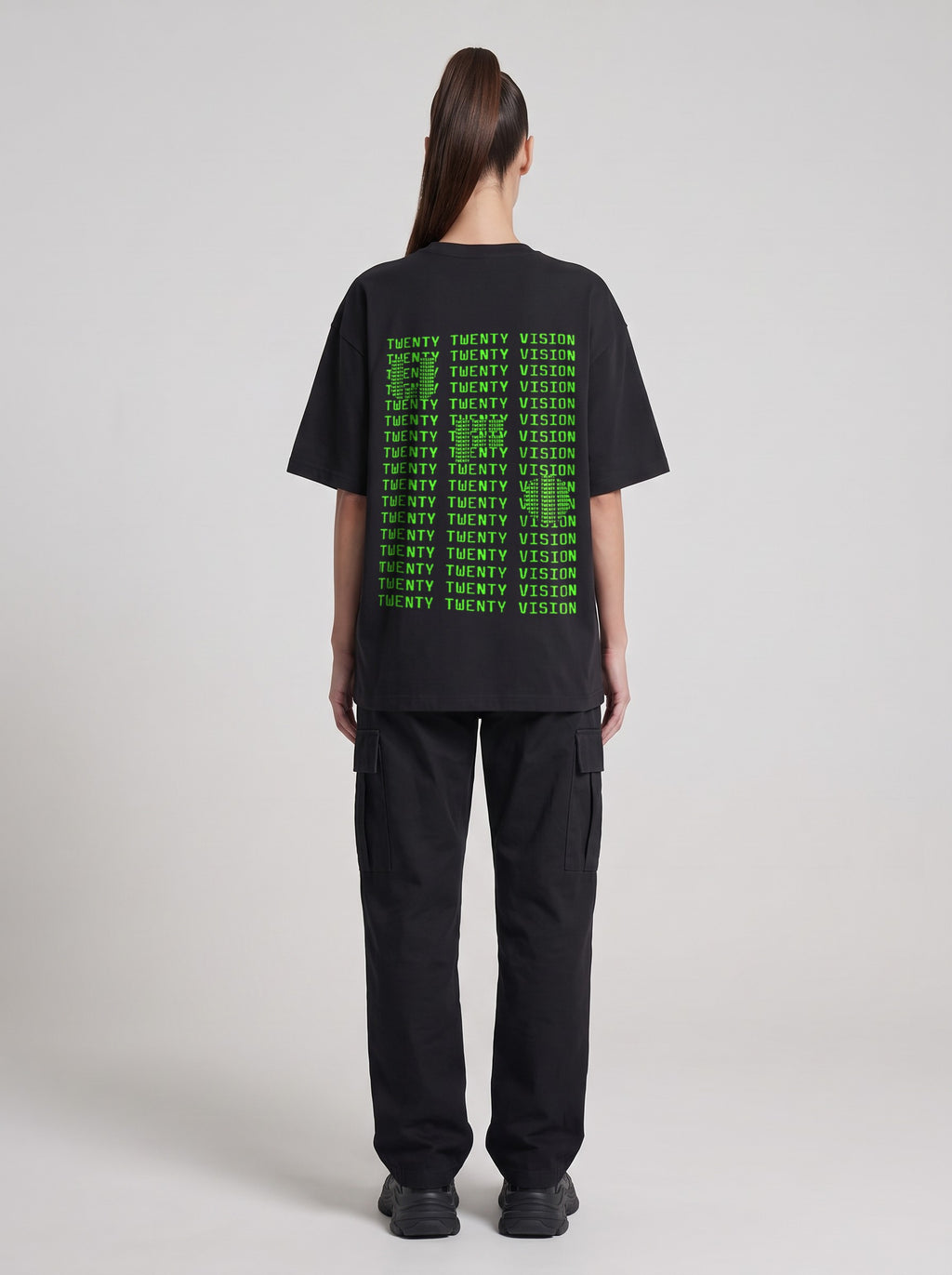 Twenty Twenty Vision Neon — Drop Shoulder T-Shirt in Black Beauty, back, worn by female model