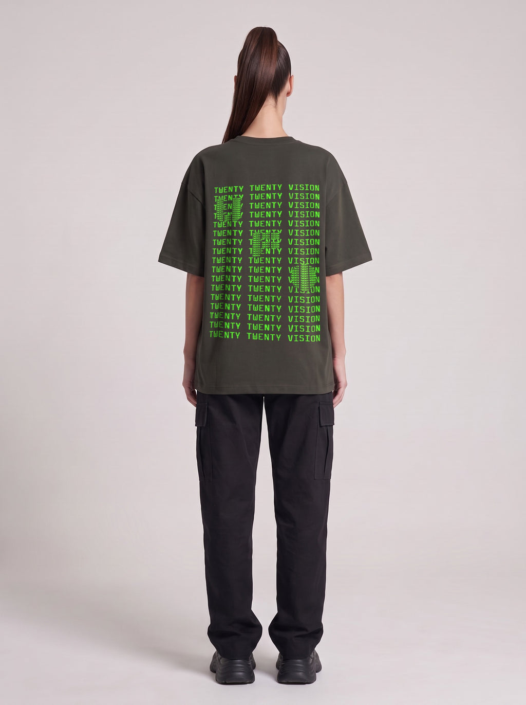 Twenty Twenty Vision Neon — Drop Shoulder T-Shirt in Dark Gray, back, worn by female model