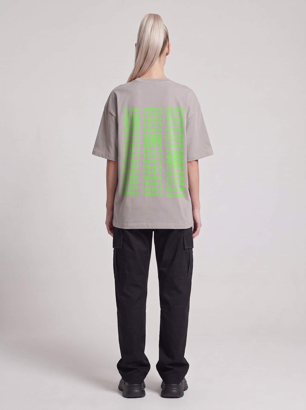 Twenty Twenty Vision Neon — Drop Shoulder T-Shirt in Light Gray, back, worn by female model