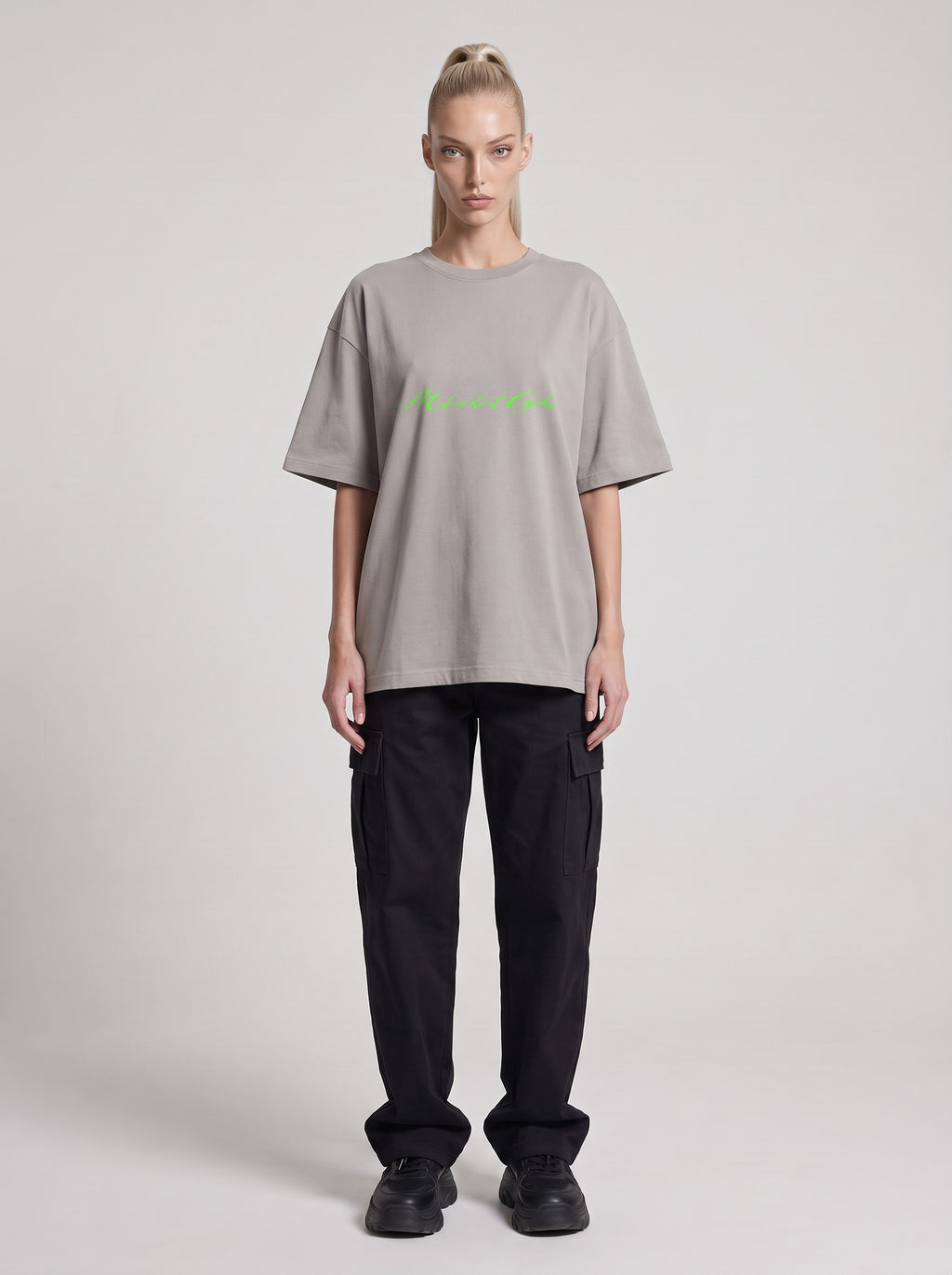 Twenty Twenty Vision Neon — Drop Shoulder T-Shirt in Light Gray, front, worn by female model