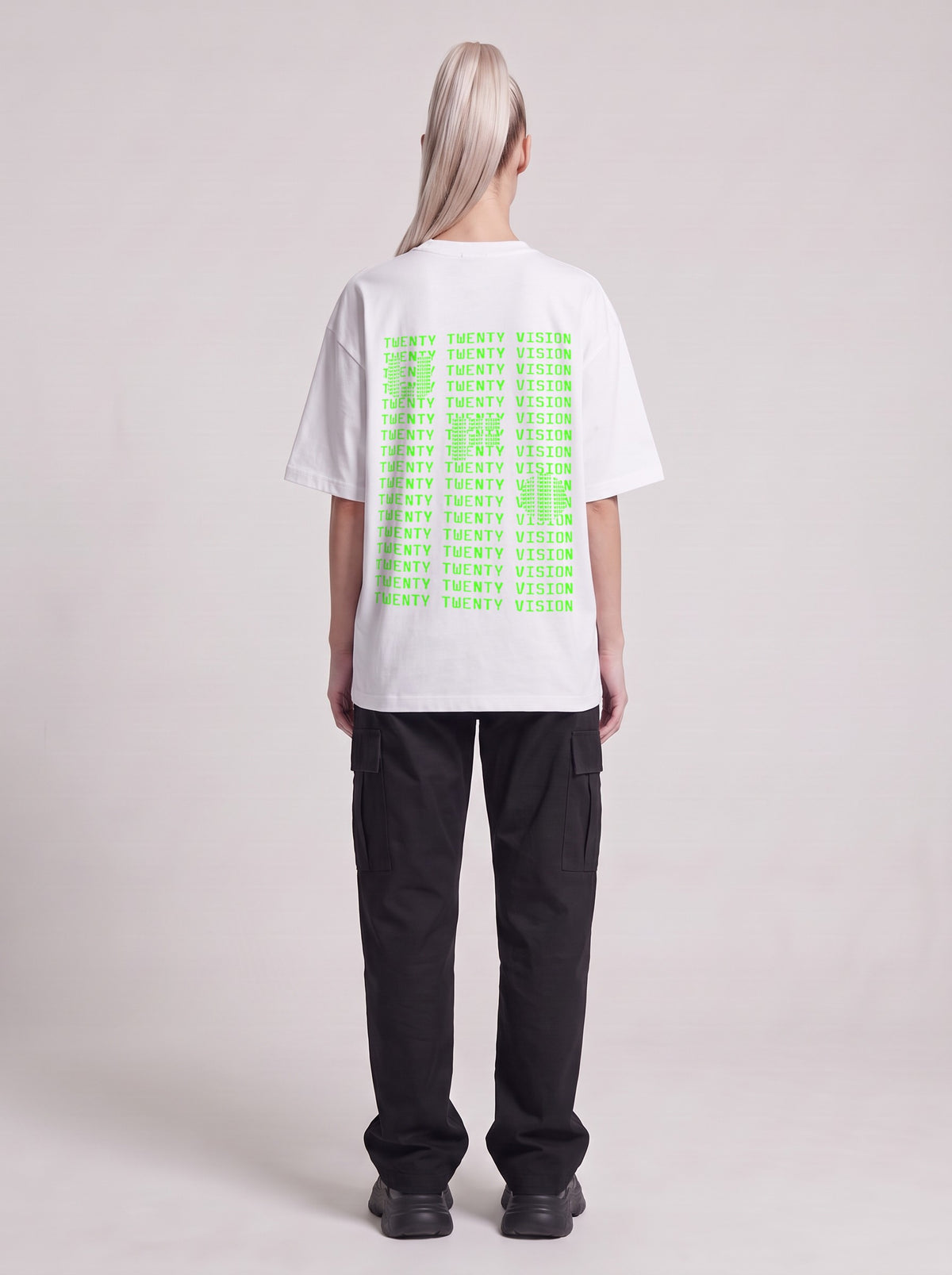 Twenty Twenty Vision Neon — Drop Shoulder T-Shirt in Lucent White, back, worn by female model