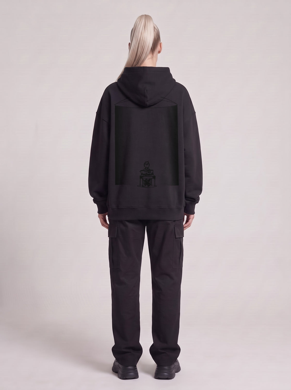 UFO-gatan — Boxy Hoodie in Black, back, worn by male model