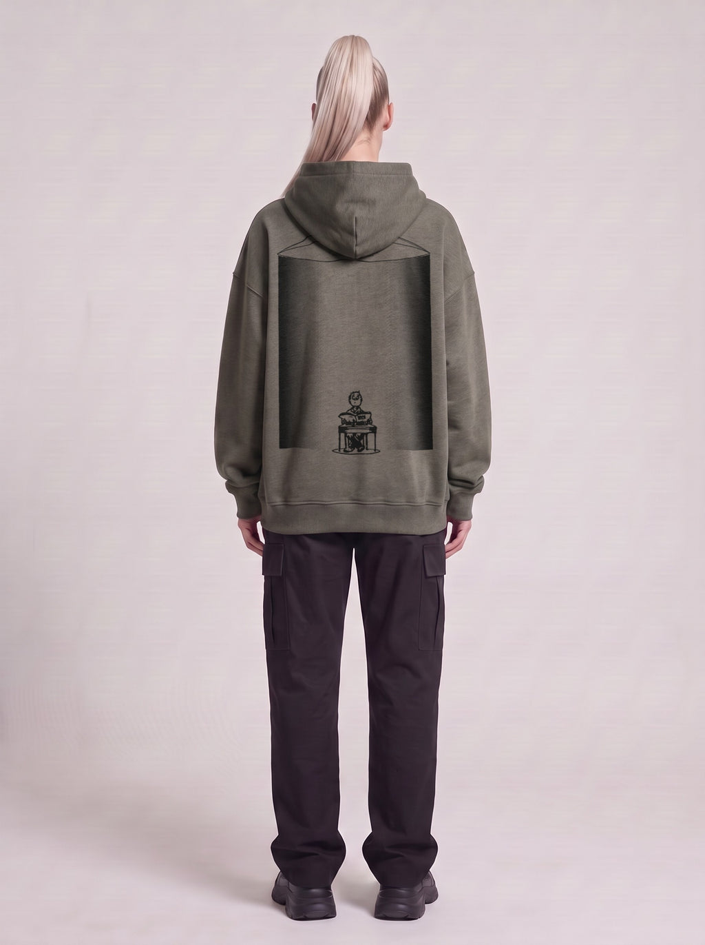 UFO-gatan — Boxy Hoodie in Dark Gray, back, worn by male model