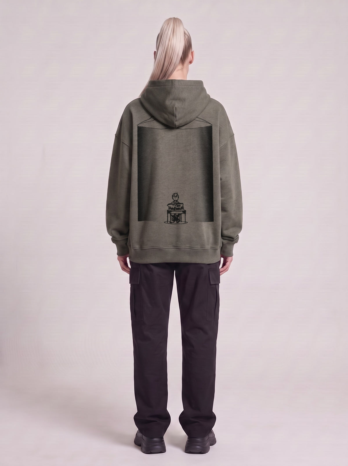 UFO-gatan — Boxy Hoodie in Dark Gray, back, worn by male model