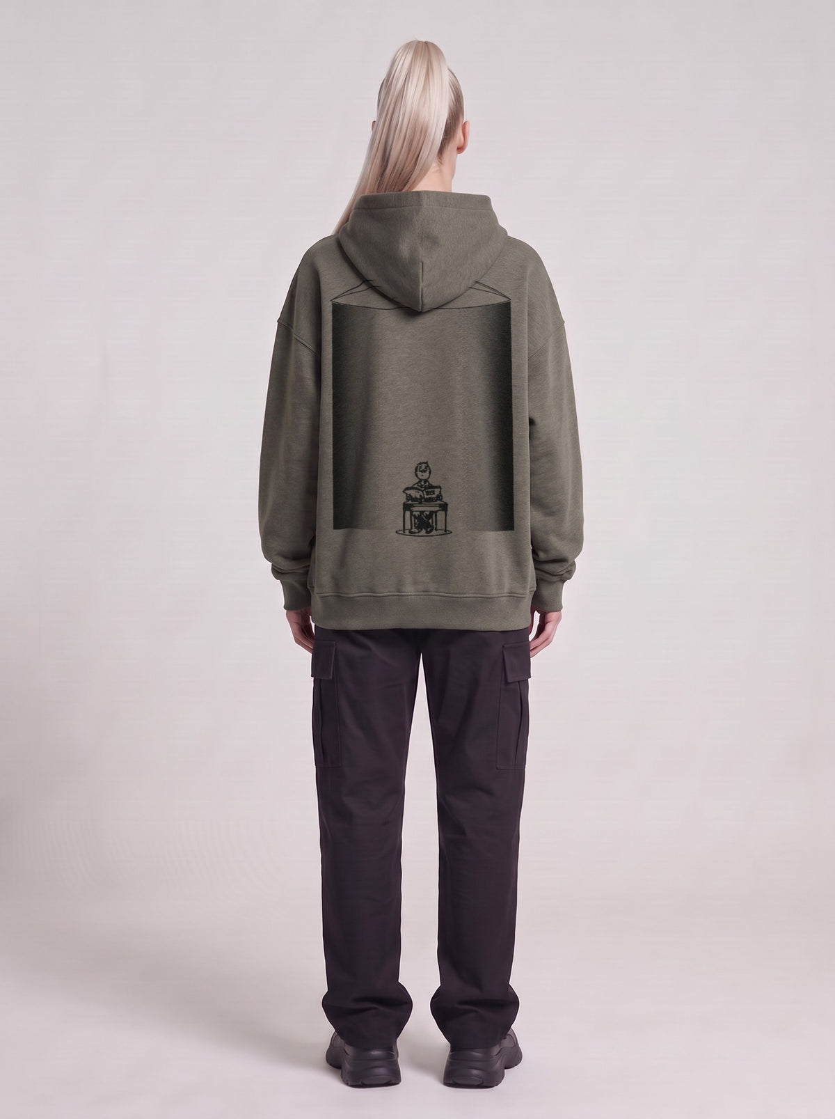 UFO-gatan — Boxy Hoodie in Dark Gray, back, worn by female model