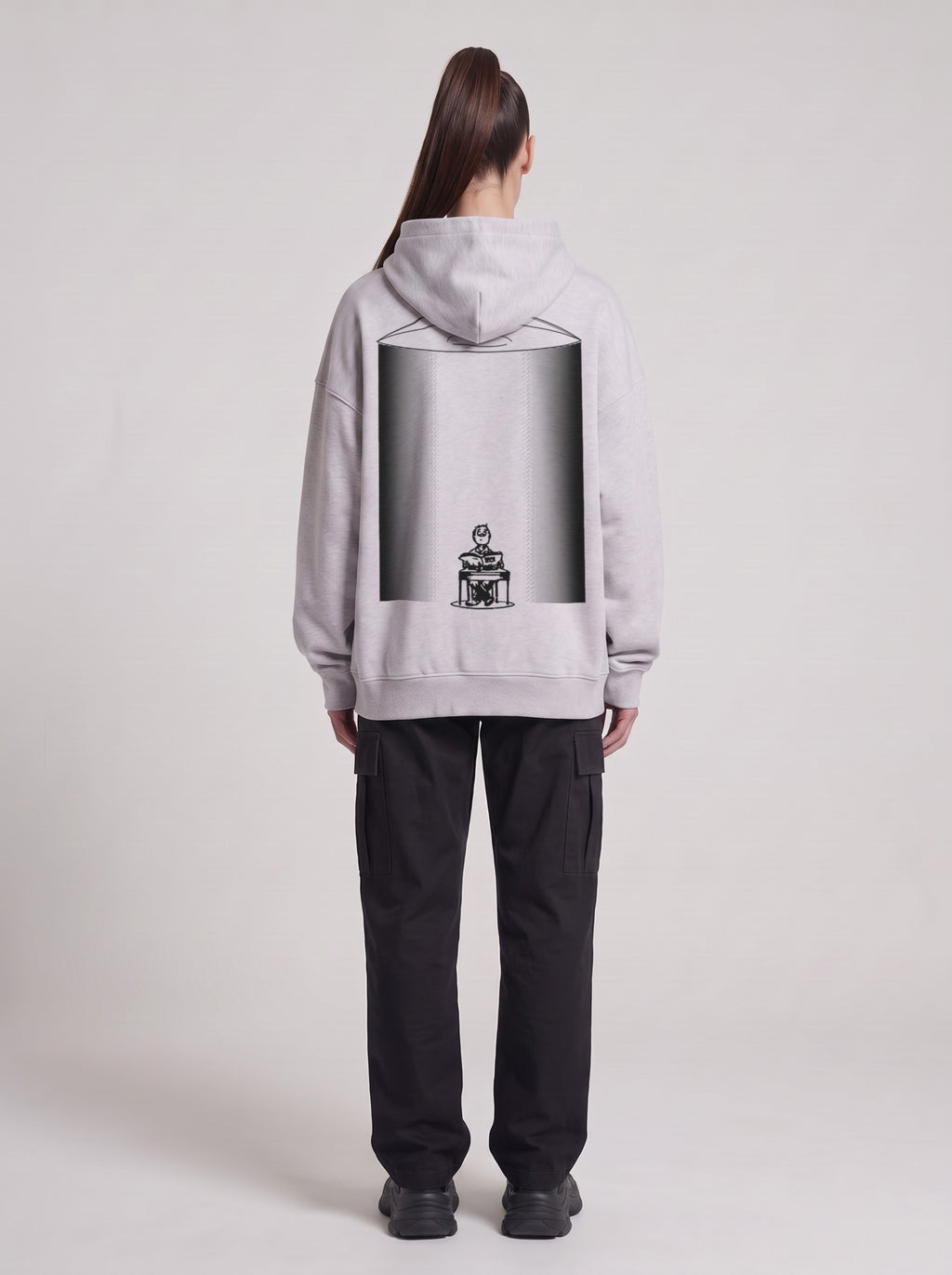 UFO-gatan — Boxy Hoodie in Flower Gray, back, worn by female model