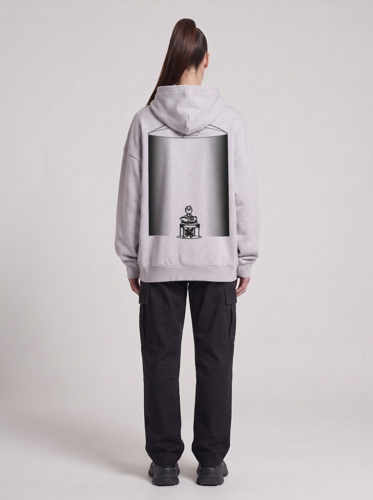 UFO-gatan — Boxy Hoodie in Flower Gray, back, worn by female model