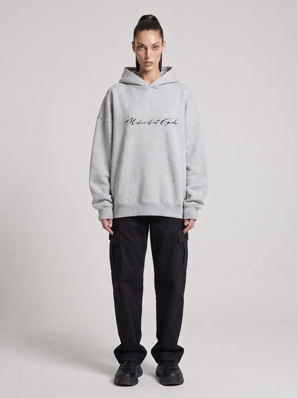 UFO-gatan — Boxy Hoodie in Flower Gray, front, worn by female model