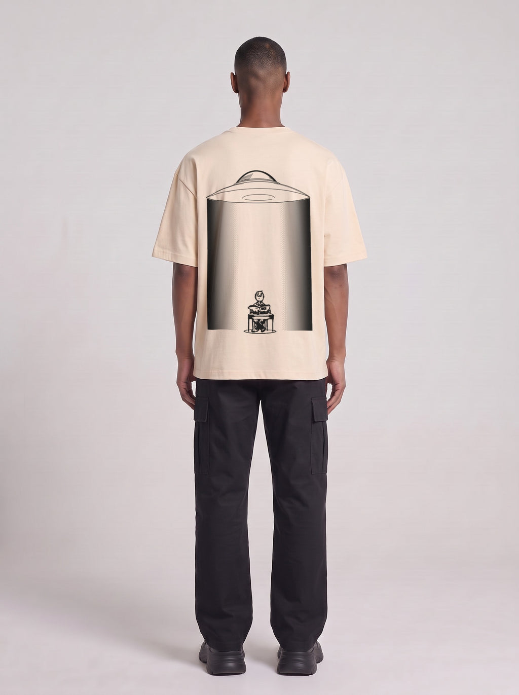 UFO-gatan — Drop Shoulder T-Shirt in Light Apricot, back, worn by male model