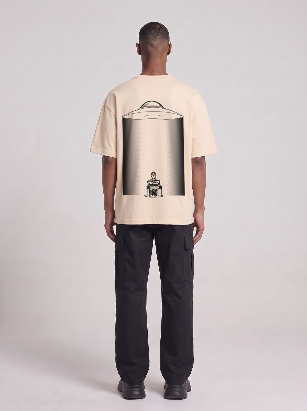 UFO-gatan — Drop Shoulder T-Shirt in Light Apricot, back, worn by male model