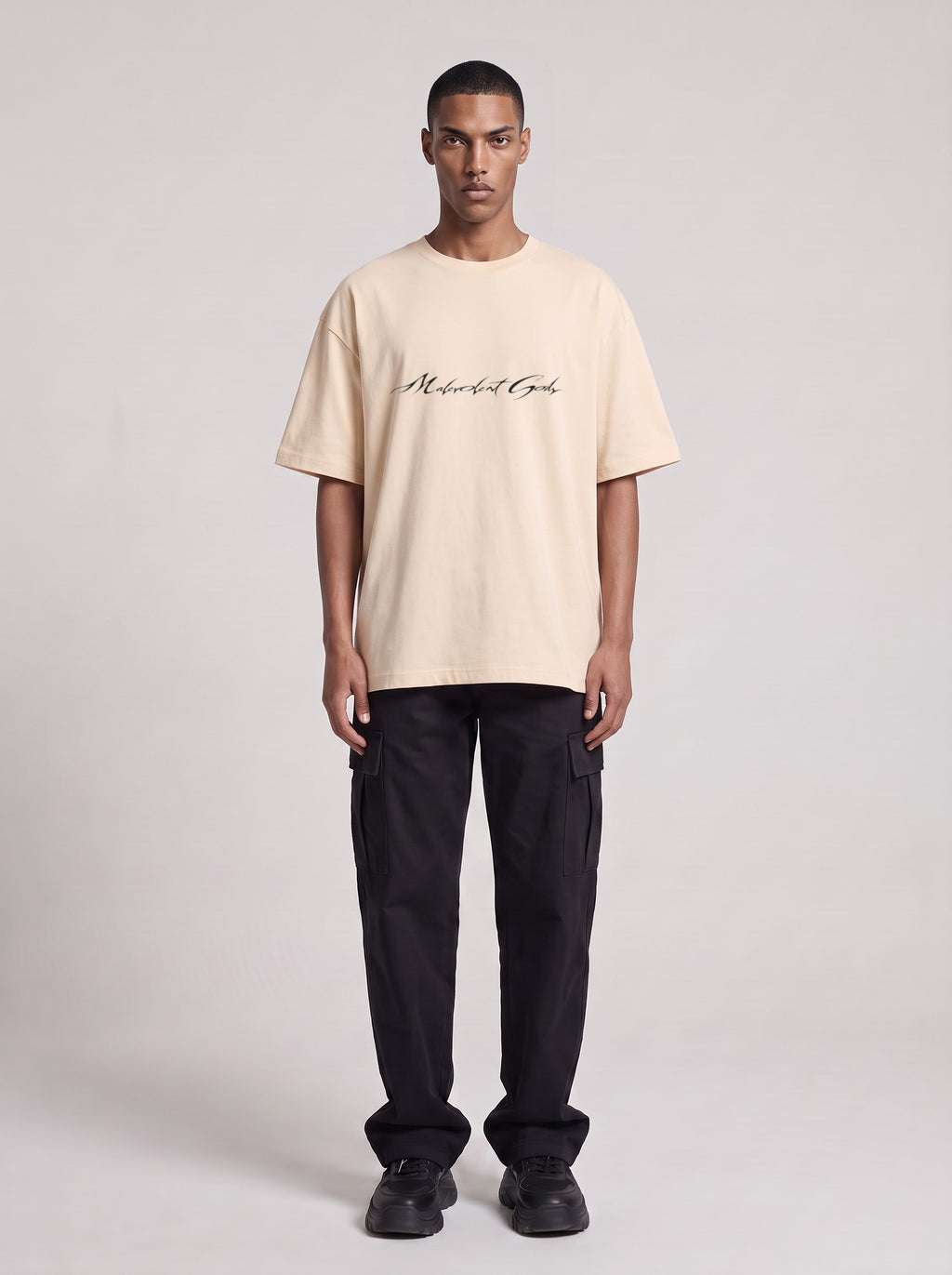 UFO-gatan — Drop Shoulder T-Shirt in Light Apricot, front, worn by male model