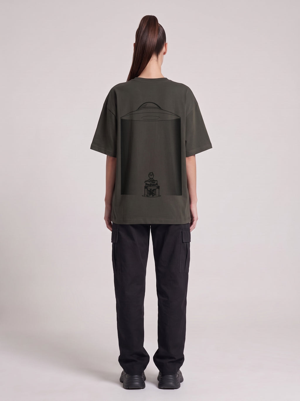 UFO-gatan — Drop Shoulder T-Shirt in Dark Gray, back, worn by female model