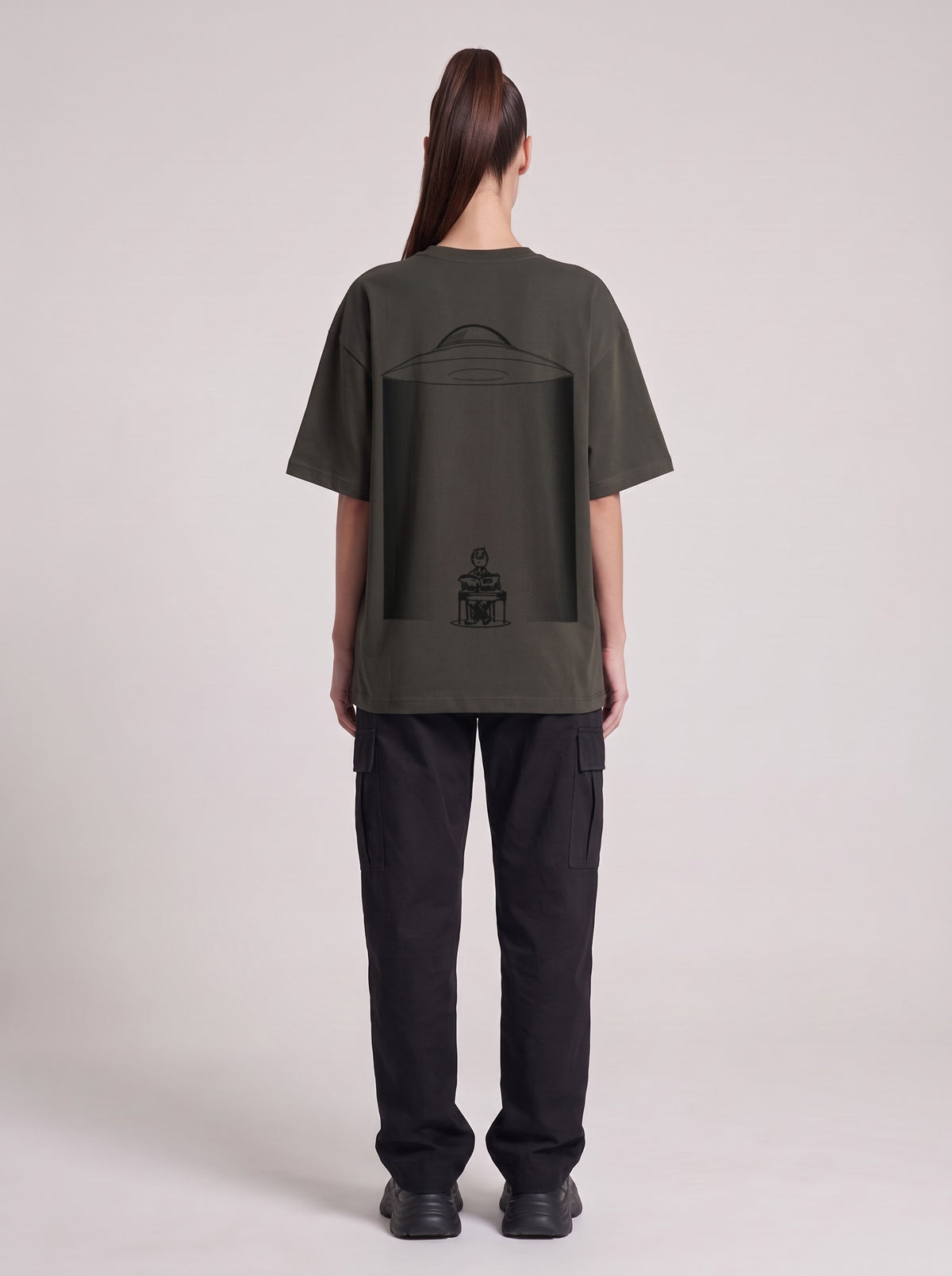 UFO-gatan — Drop Shoulder T-Shirt in Dark Gray, back, worn by female model