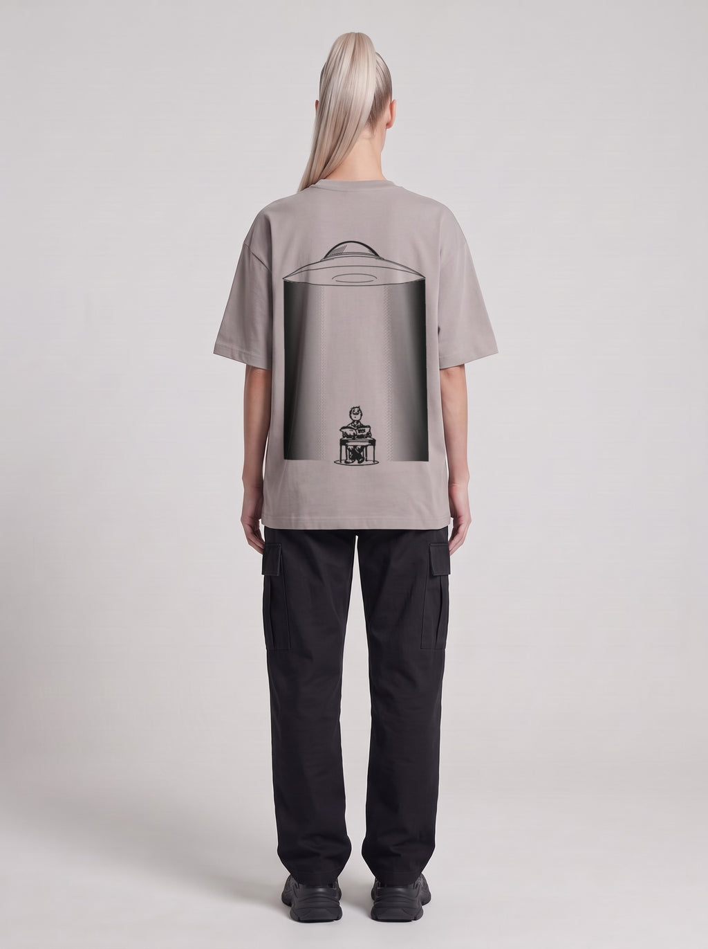 UFO-gatan — Drop Shoulder T-Shirt in Light Gray, back, worn by male model