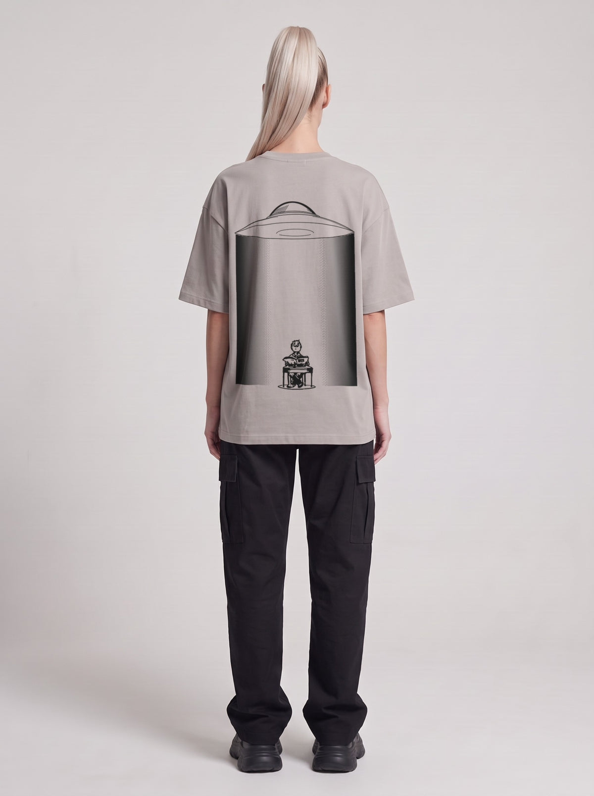 UFO-gatan — Drop Shoulder T-Shirt in Light Gray, back, worn by female model