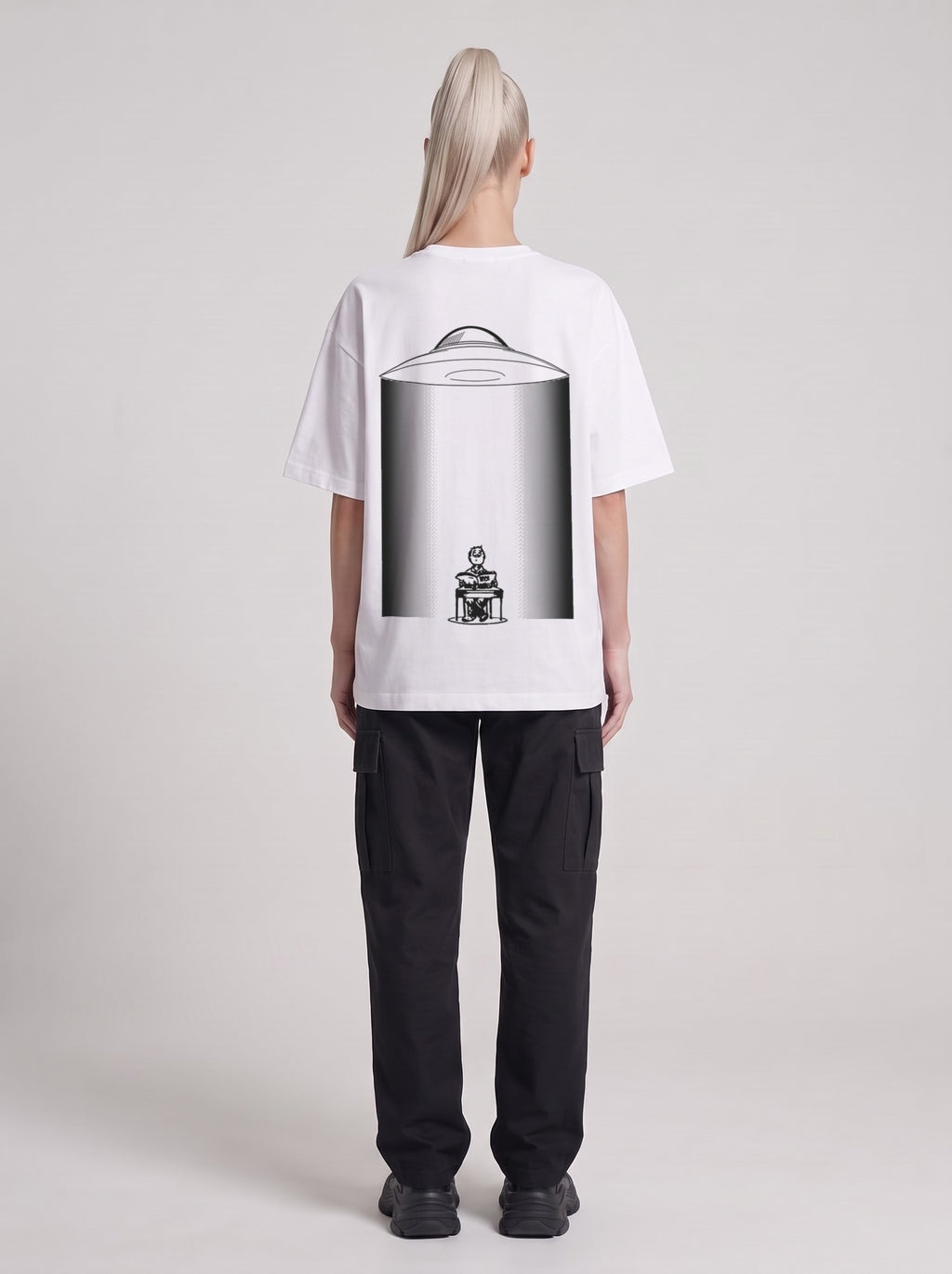 UFO-gatan — Drop Shoulder T-Shirt in Lucent White, back, worn by male model