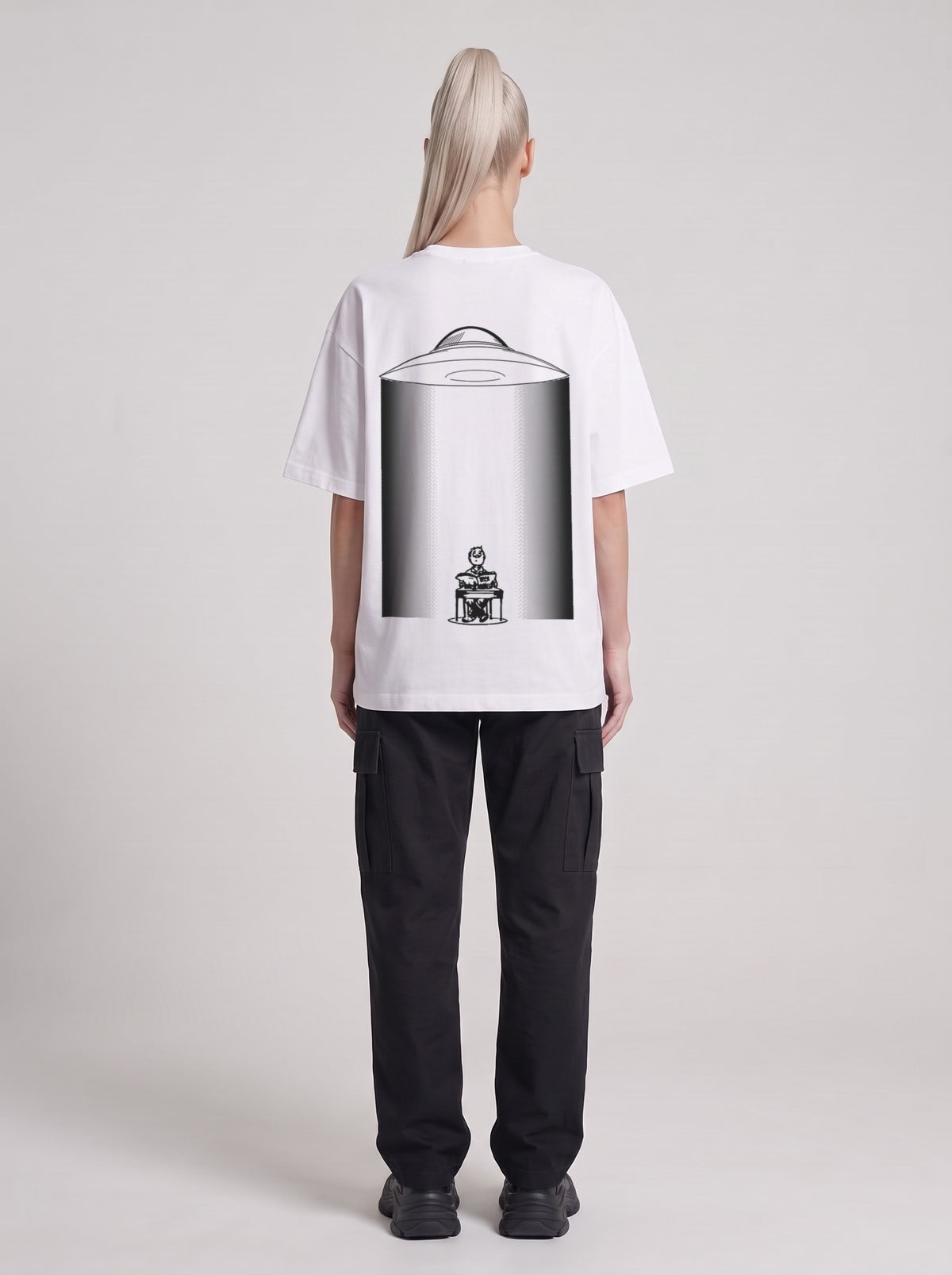 UFO-gatan — Drop Shoulder T-Shirt in Lucent White, back, worn by male model