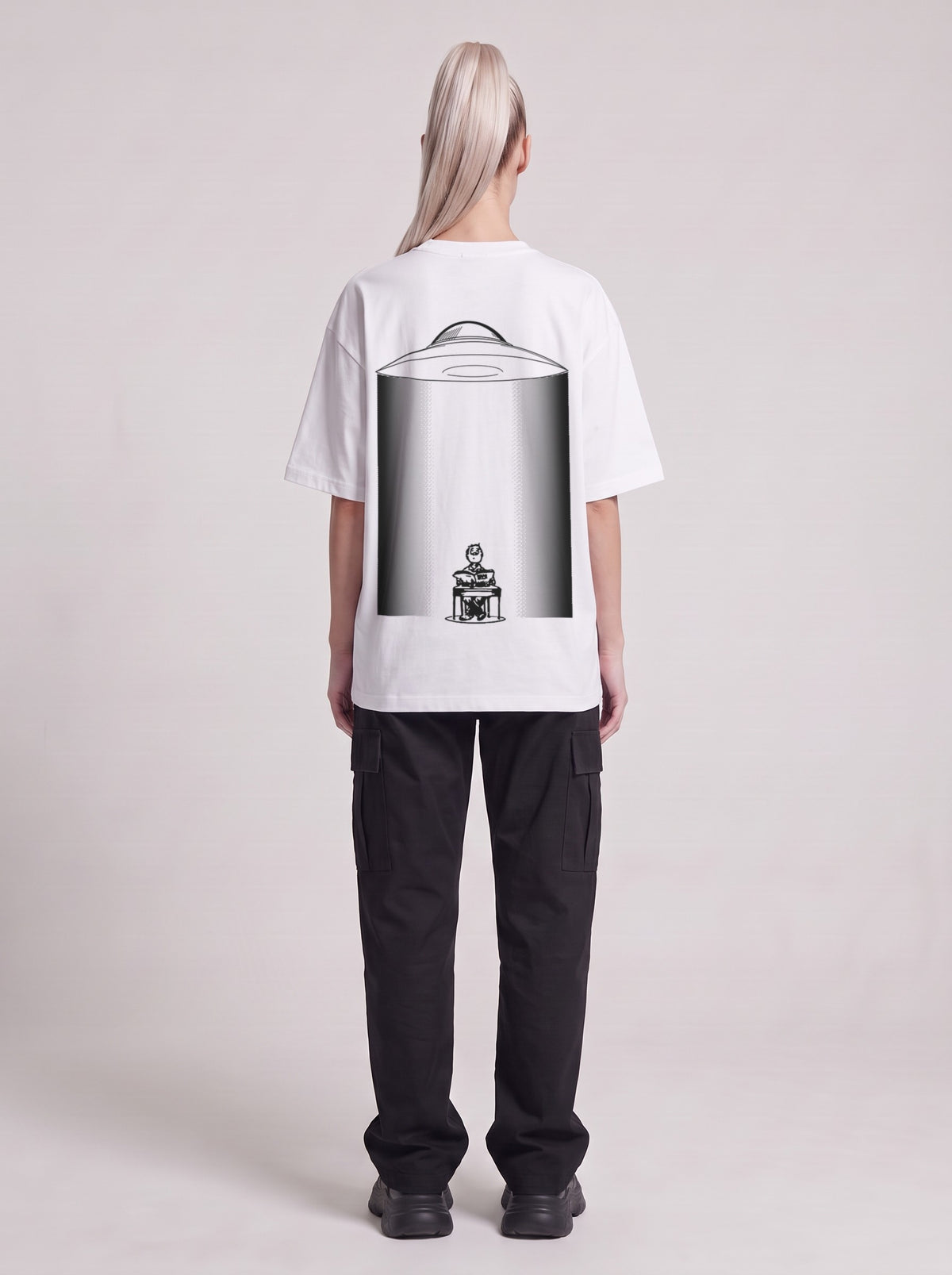 UFO-gatan — Drop Shoulder T-Shirt in Lucent White, back, worn by female model