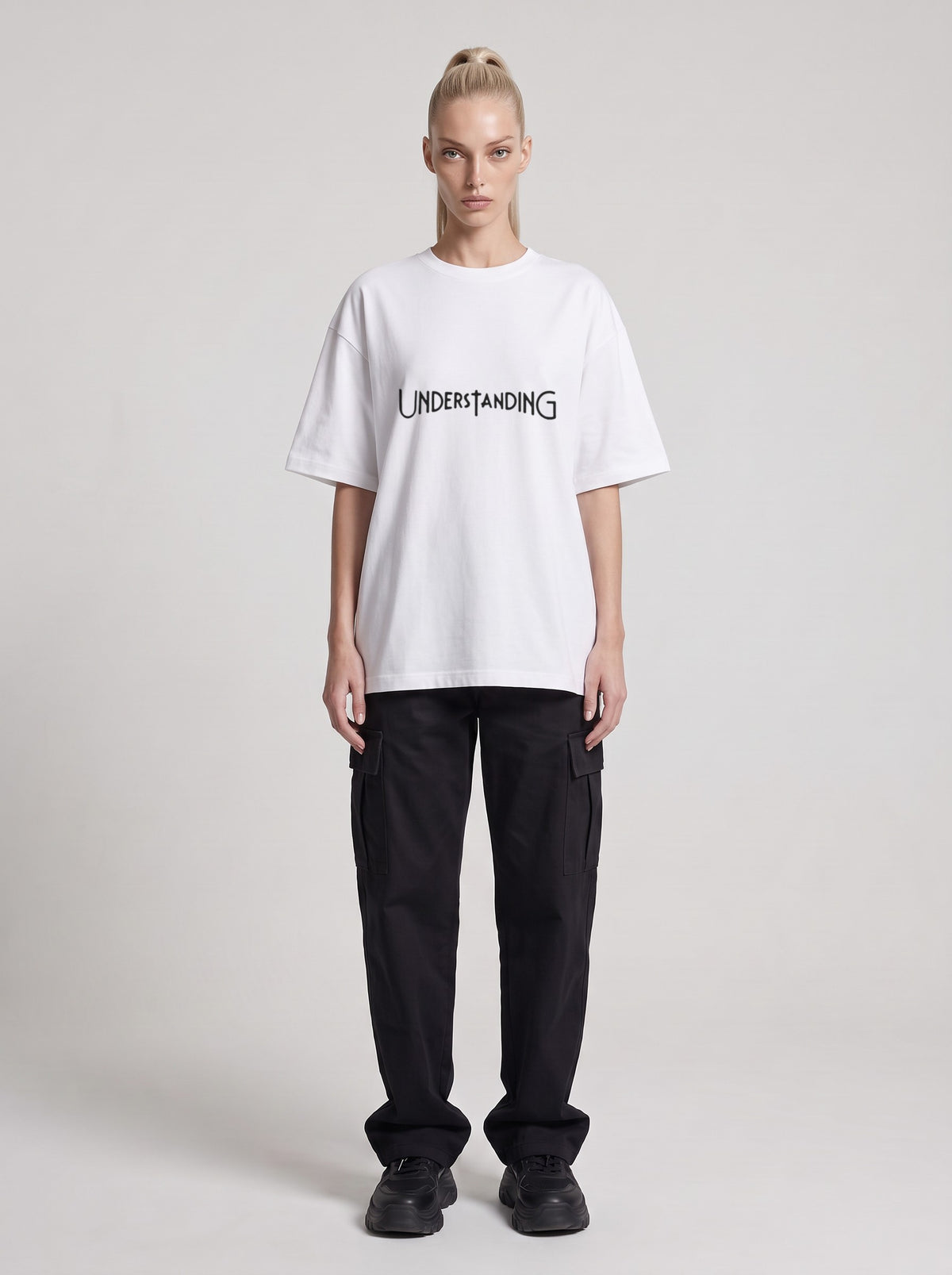 Understanding — Drop Shoulder T-Shirt in Lucent White, front, worn by female model