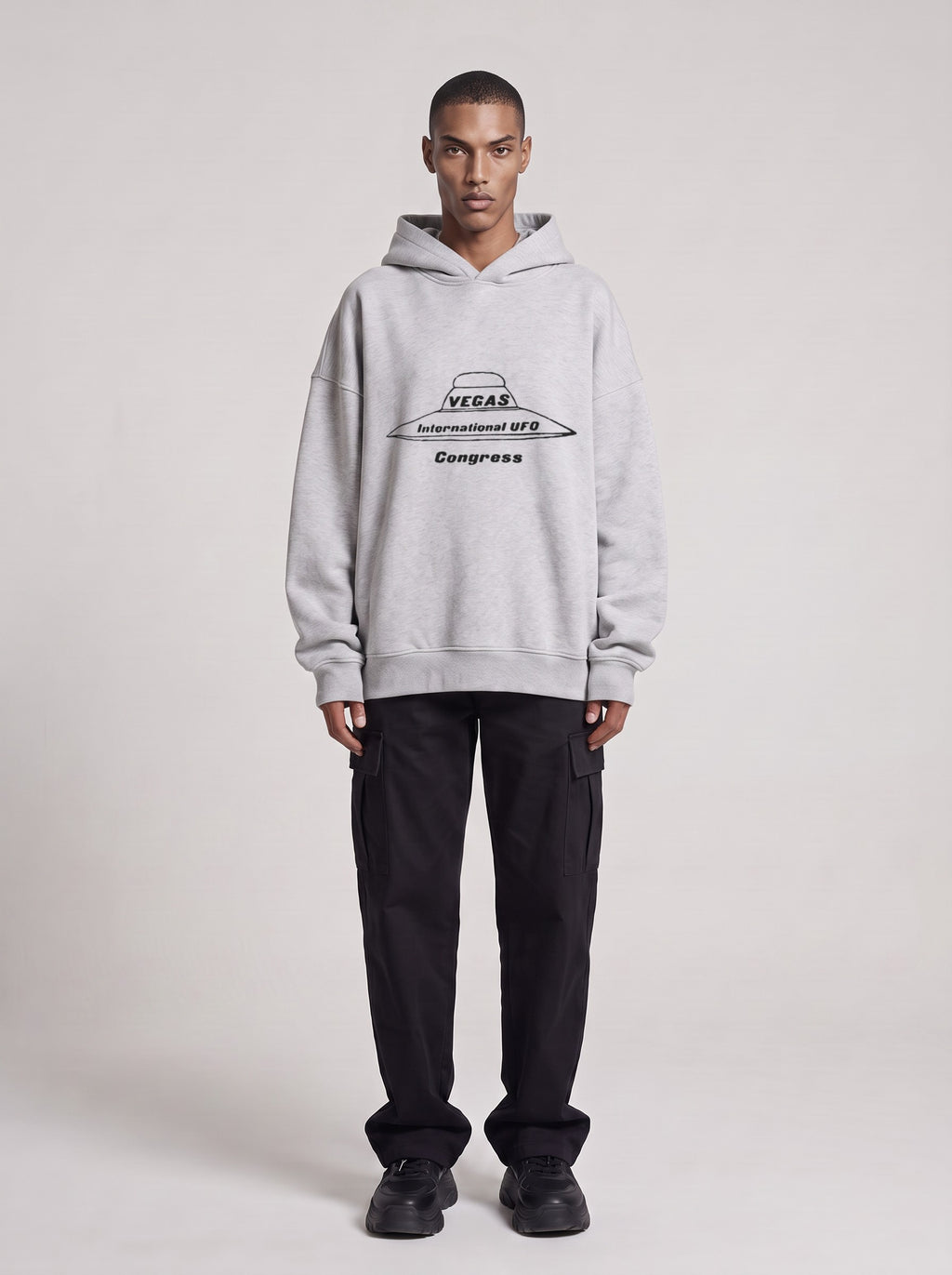 Vegas UFO Congress — Boxy Hoodie in Flower Gray, front, worn by male model